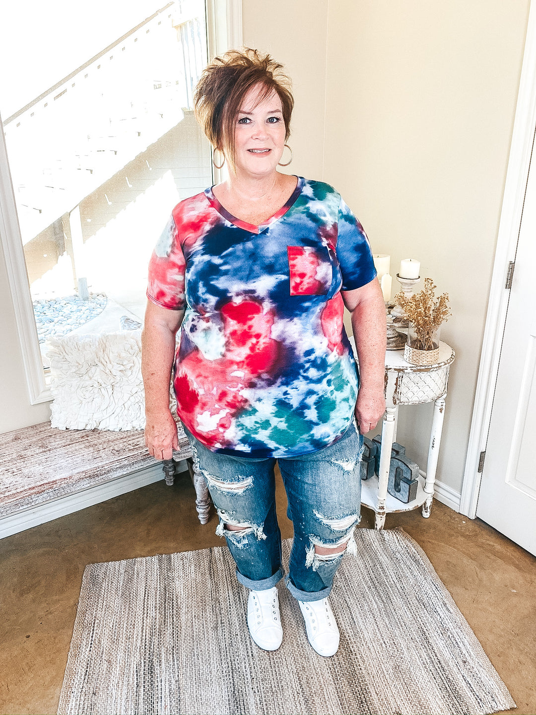 Last Chance Size S & M | Just Right Short Sleeve Tie Dye V Neck Pocket Tee in Navy and Red - Giddy Up Glamour Boutique