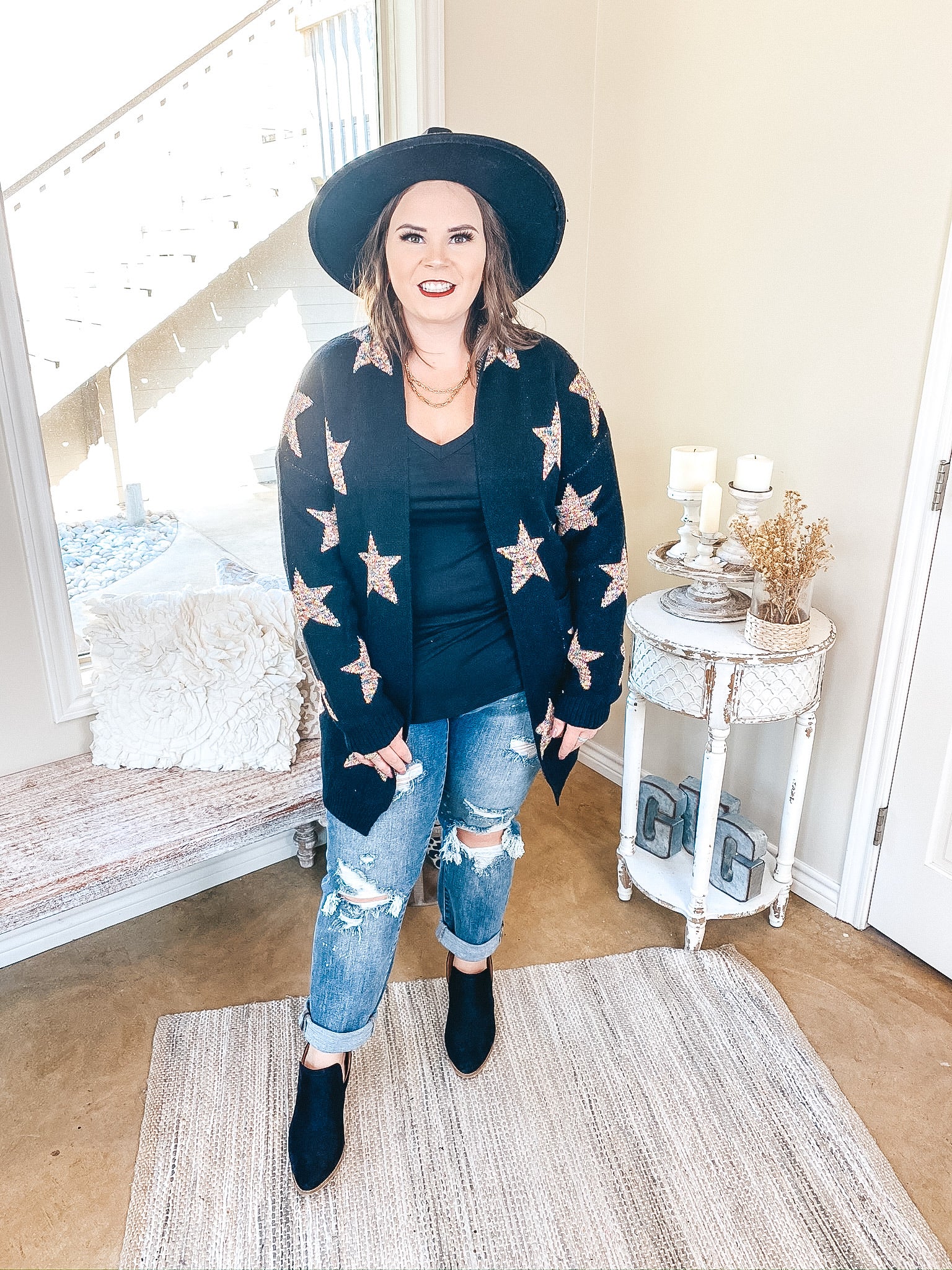 Cozy Constellations Multi-Color Star Print Cardigan with Pockets in Black - Giddy Up Glamour Boutique