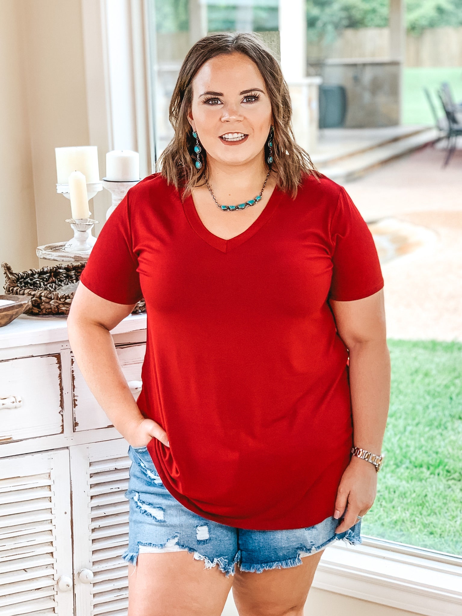 It's That Simple Solid V Neck Tee in Maroon - Giddy Up Glamour Boutique