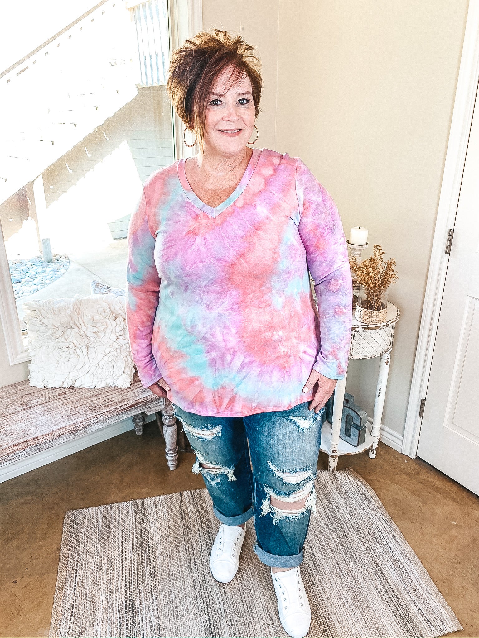 Last Chance S & M | Keep Things Simple Long Sleeve Tie Dye V Neck Pullover Top in Mint and Purple - Giddy Up Glamour Boutique