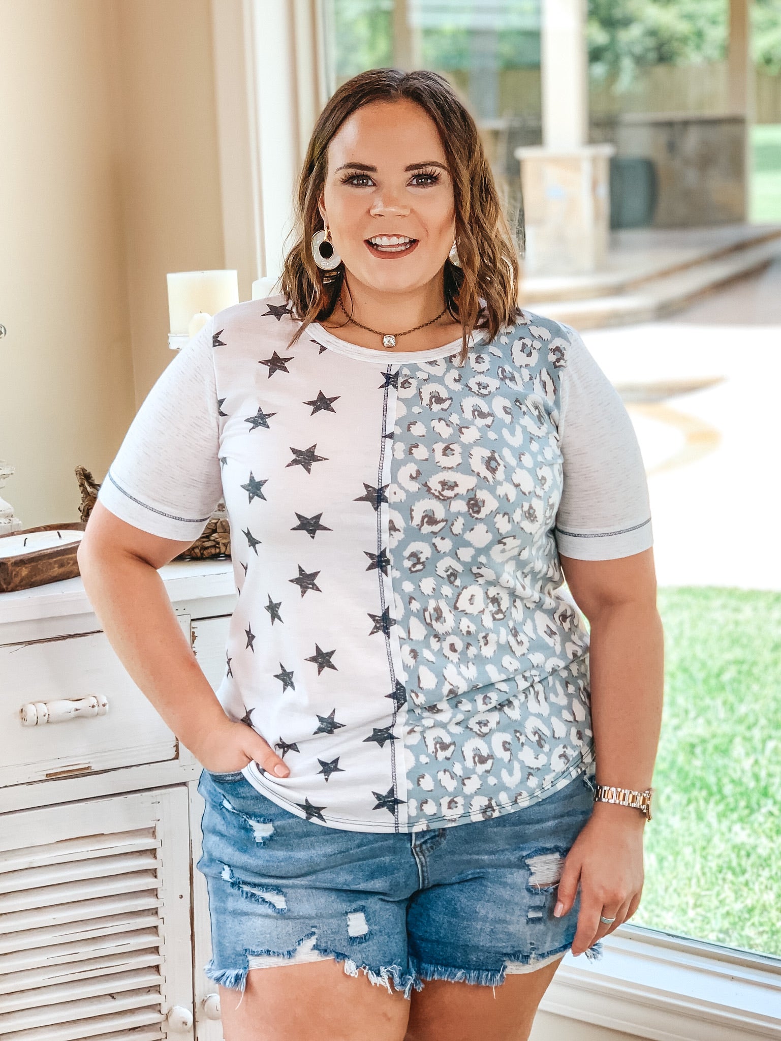 Made For You Leopard and Star Mixed Print Top in Dusty Teal and Ivory