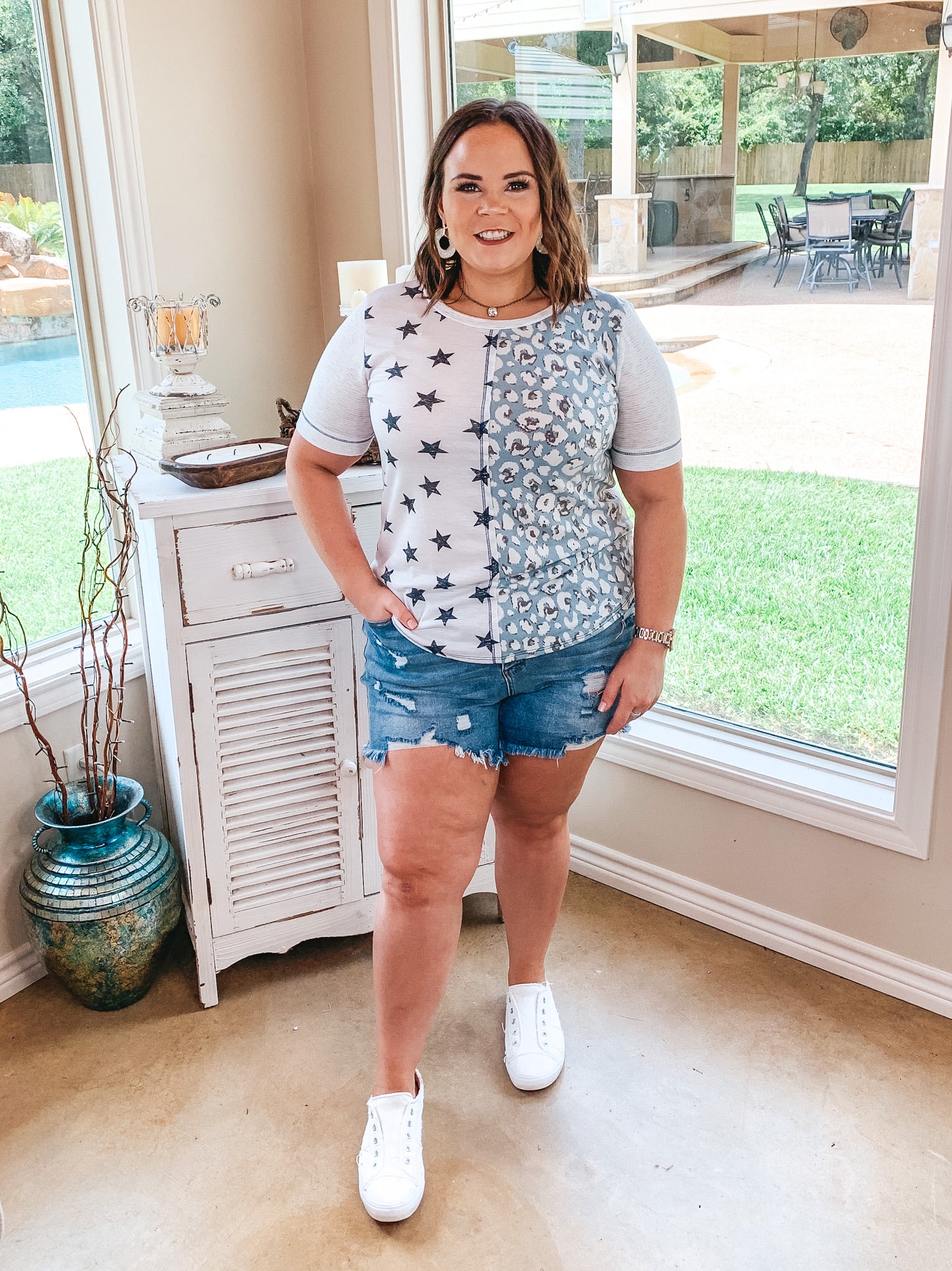 Made For You Leopard and Star Mixed Print Top in Dusty Teal and Ivory