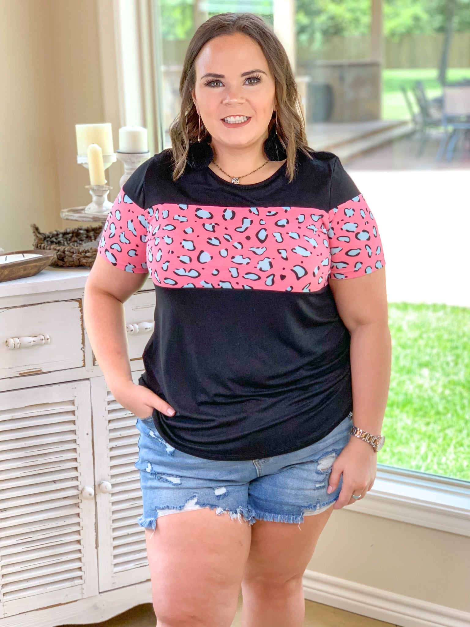 Last Chance Size Small | Always the Same Thing Short Sleeve Top with Pink Animal Print Accents in Black - Giddy Up Glamour Boutique