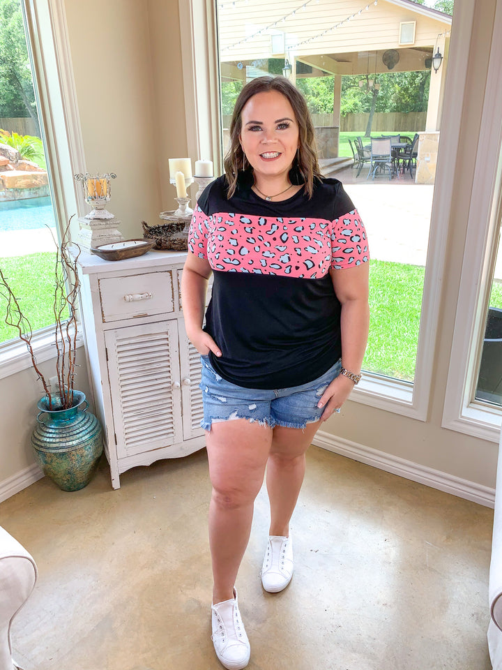 Last Chance Size Small | Always the Same Thing Short Sleeve Top with Pink Animal Print Accents in Black - Giddy Up Glamour Boutique