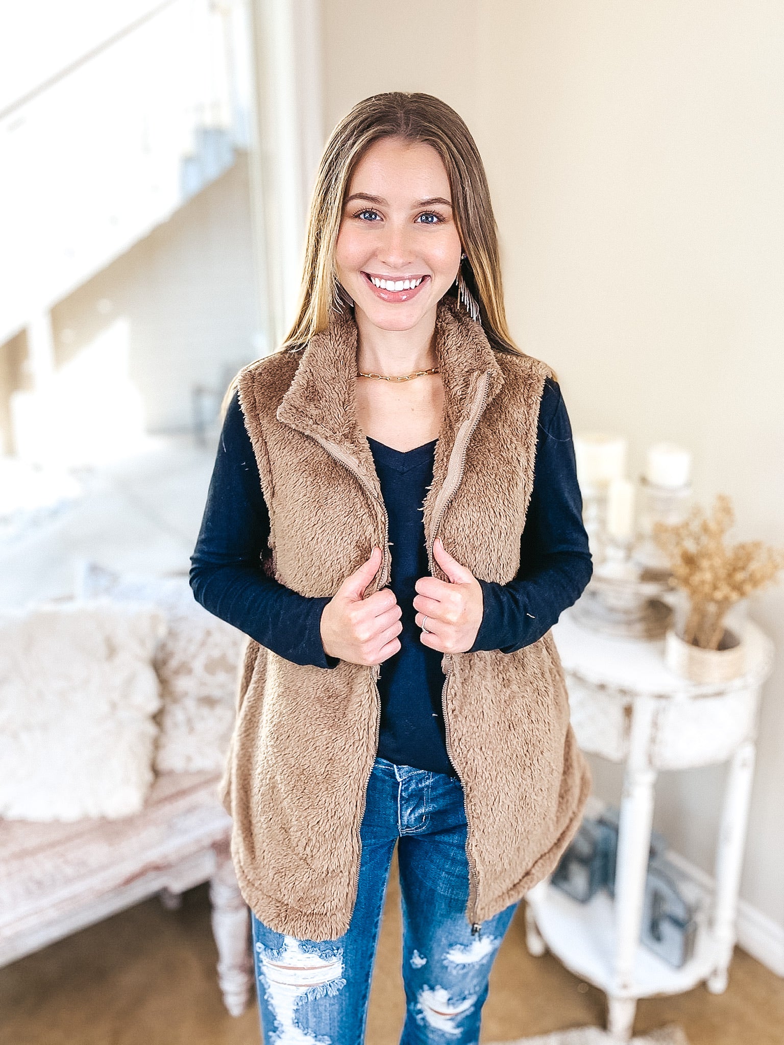 Up North Zip Up Wubby Vest with Pockets in Mocha Brown