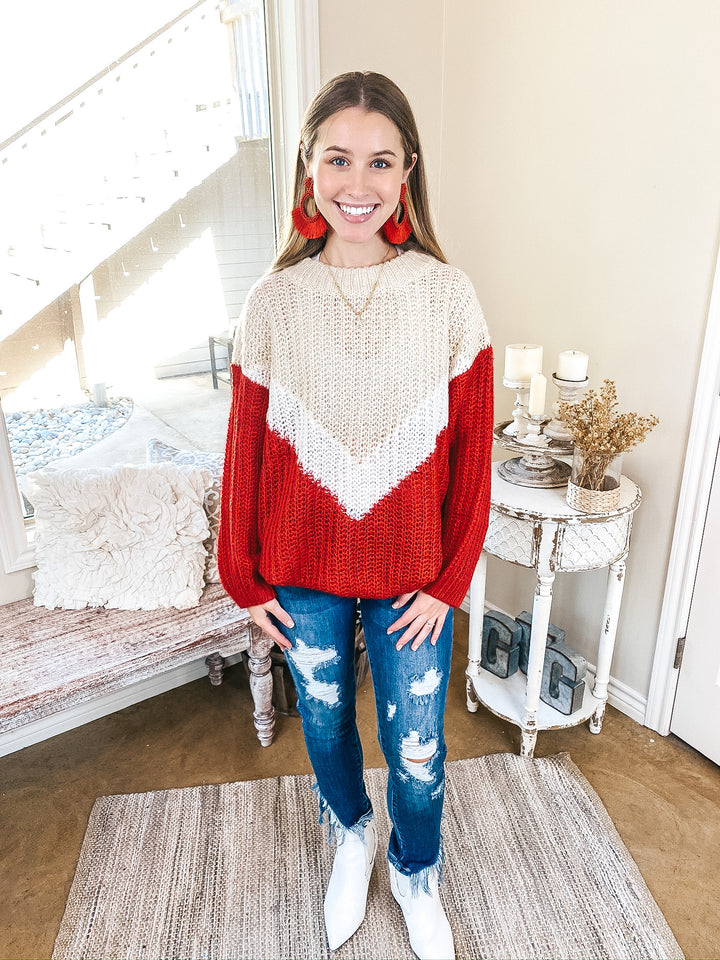 Ivy League Chunky Color Block Sweater in Ivory and Red - Giddy Up Glamour Boutique
