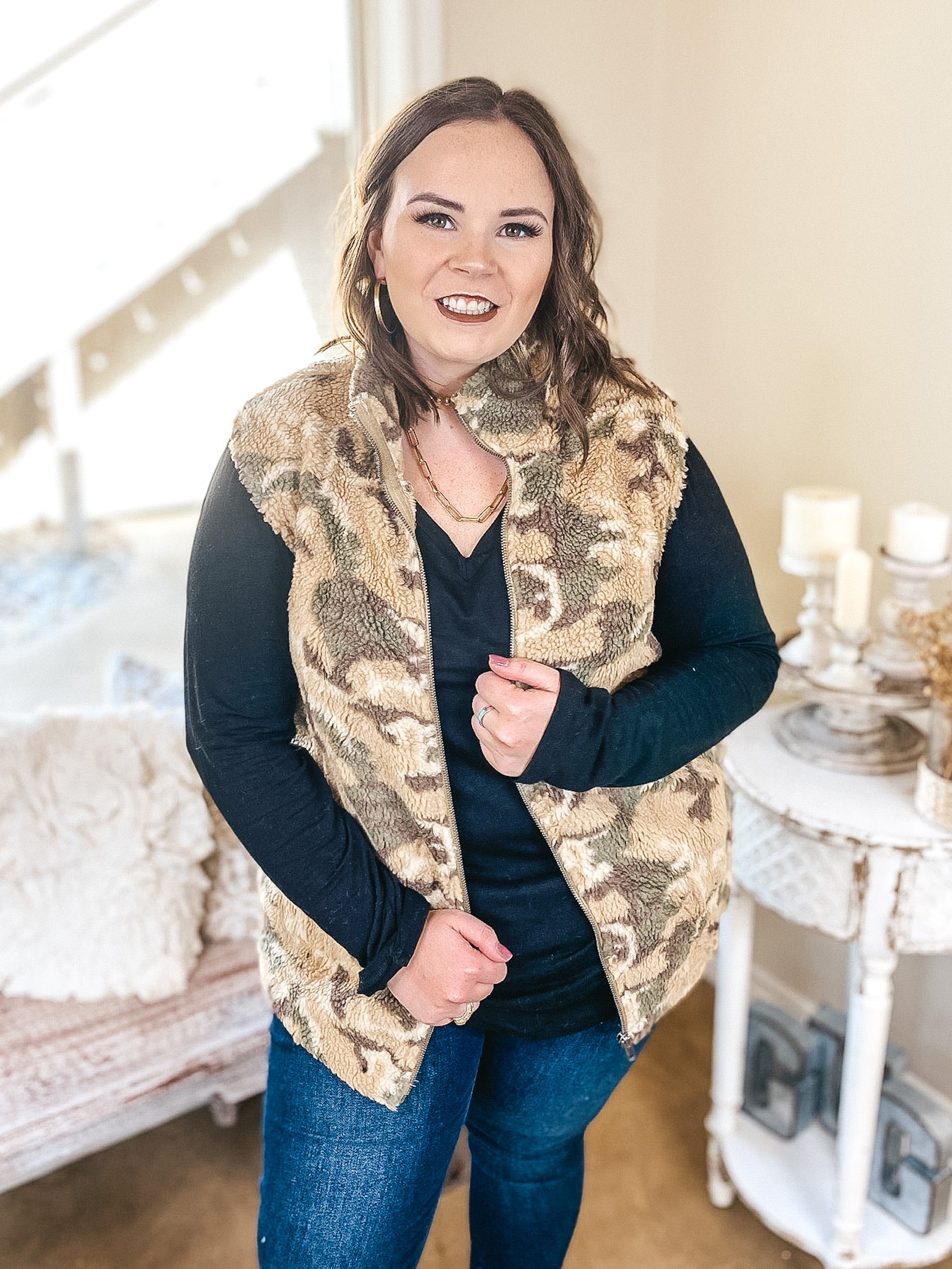 Last Chance Size Small & Large | It's Not Complicated Zip Up Teddy Vest with Pockets in Camouflage - Giddy Up Glamour Boutique
