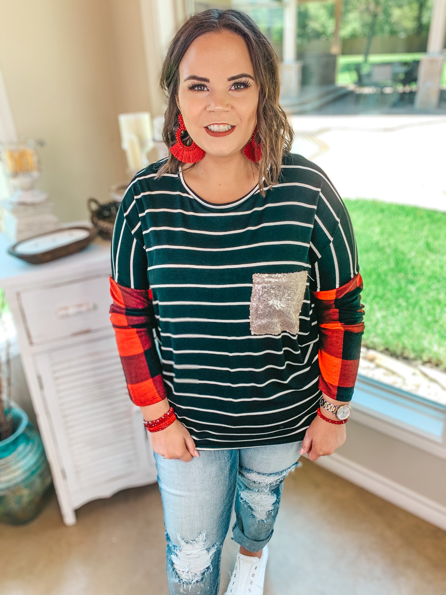 Plus Sizes | Just Getting Started Buffalo Plaid and Striped Pocket Top in Red and Black - Giddy Up Glamour Boutique
