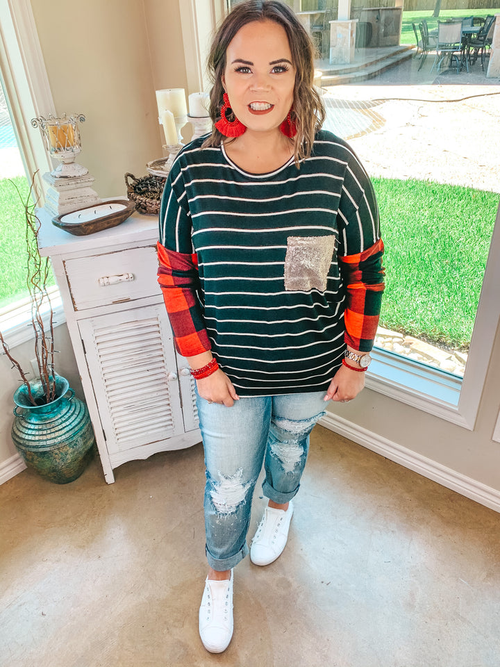 Plus Sizes | Just Getting Started Buffalo Plaid and Striped Pocket Top in Red and Black - Giddy Up Glamour Boutique