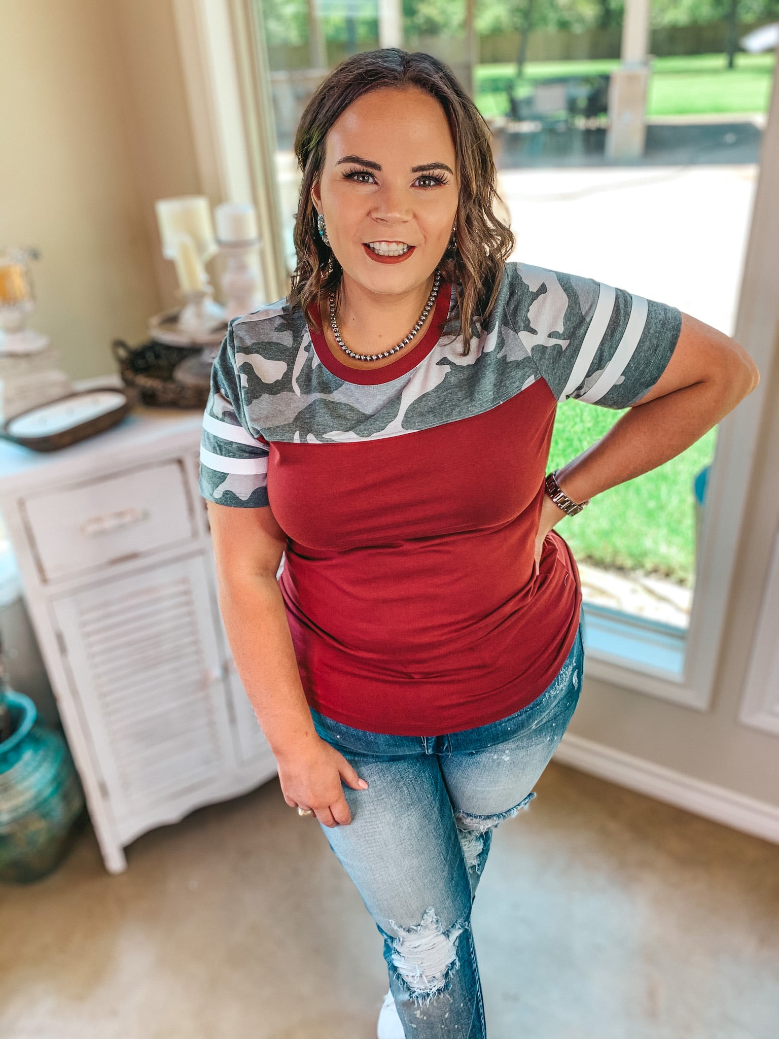 Last Chance Size 2XL & 3XL | Surprise Me Varsity Stripe Sleeve Top with Camouflage Upper in Maroon
