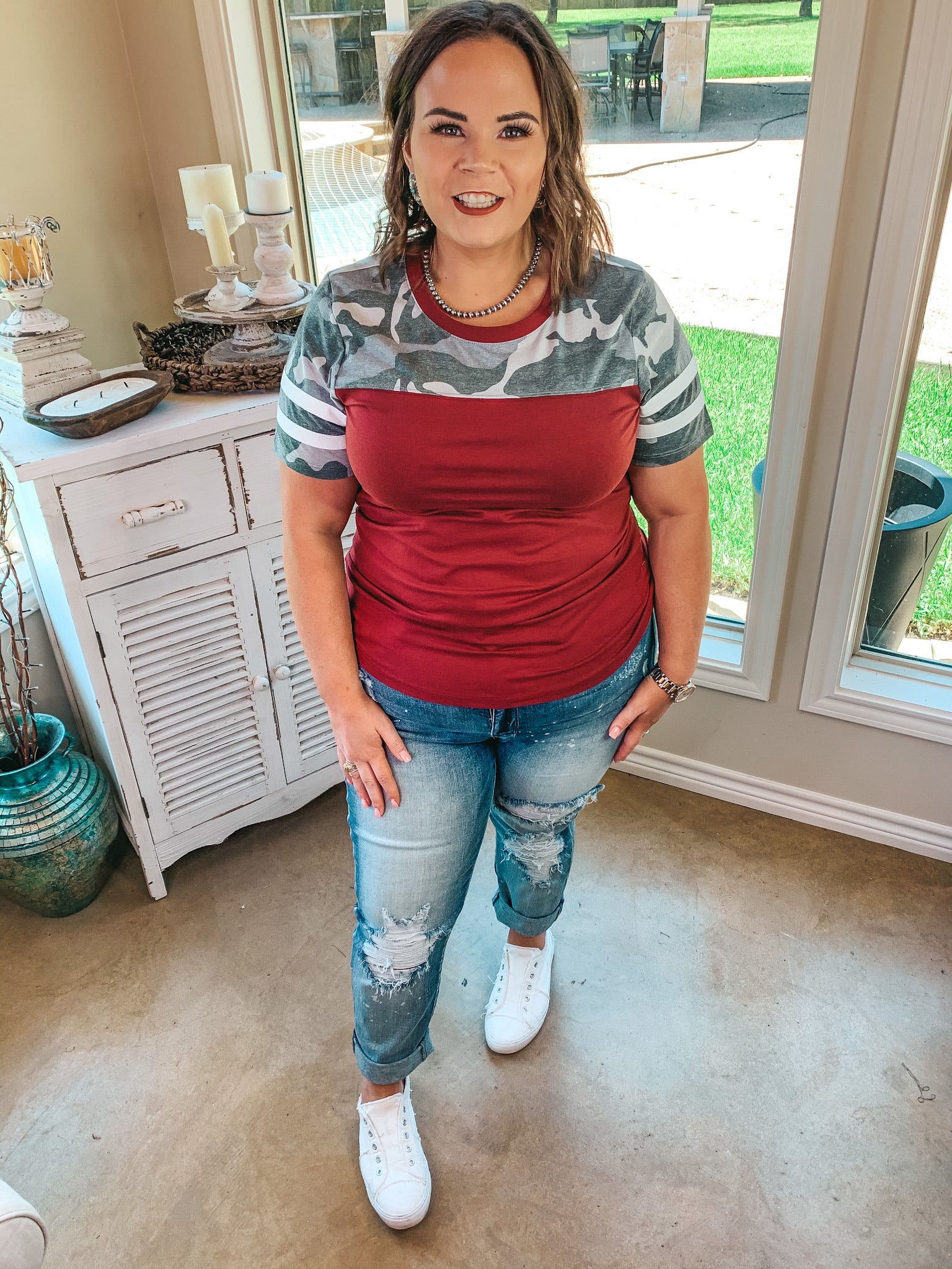 Last Chance Size 2XL & 3XL | Surprise Me Varsity Stripe Sleeve Top with Camouflage Upper in Maroon - Giddy Up Glamour Boutique