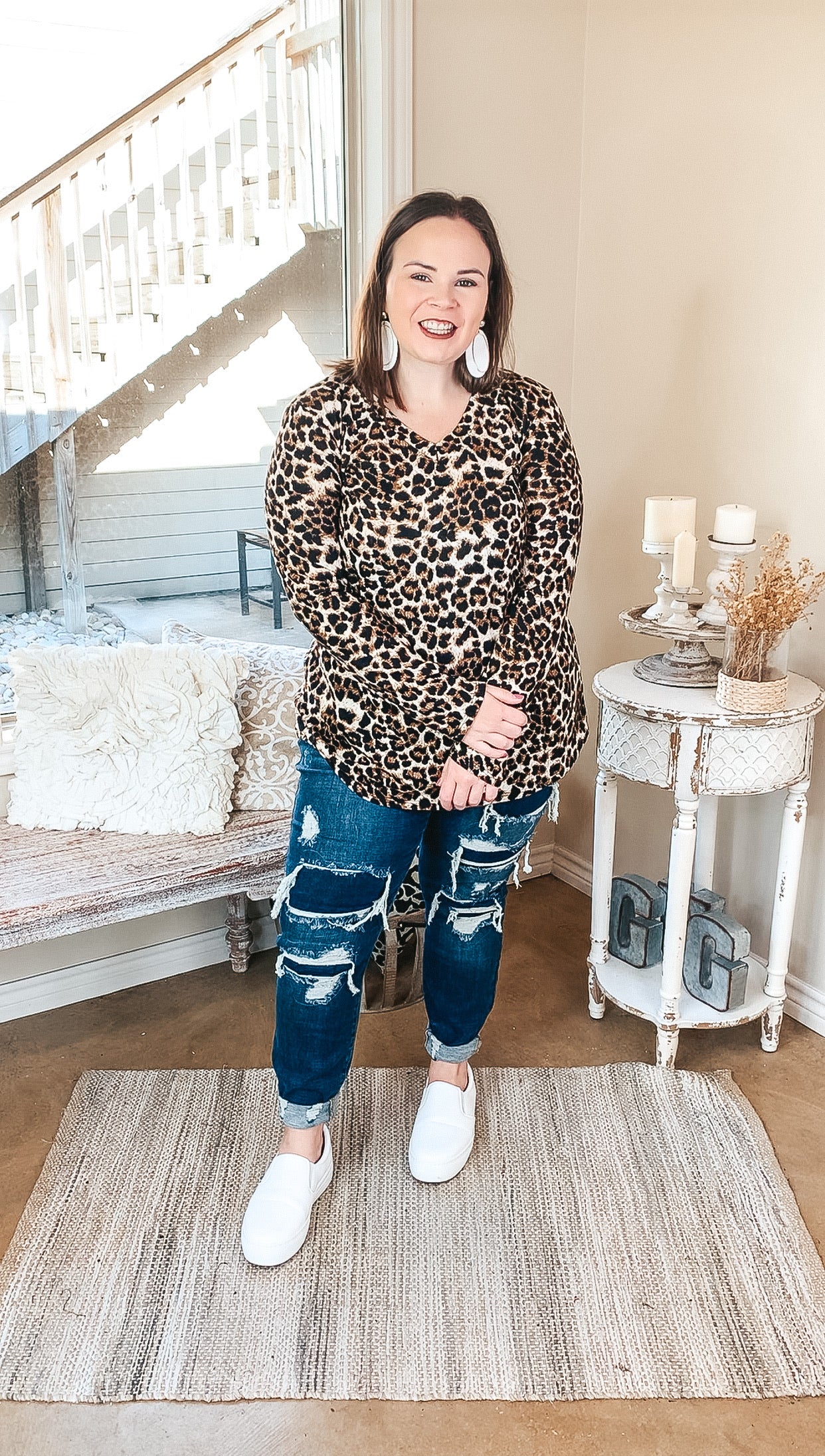 Keep Things Simple Long Sleeve V Neck Pullover Top in Leopard - Giddy Up Glamour Boutique