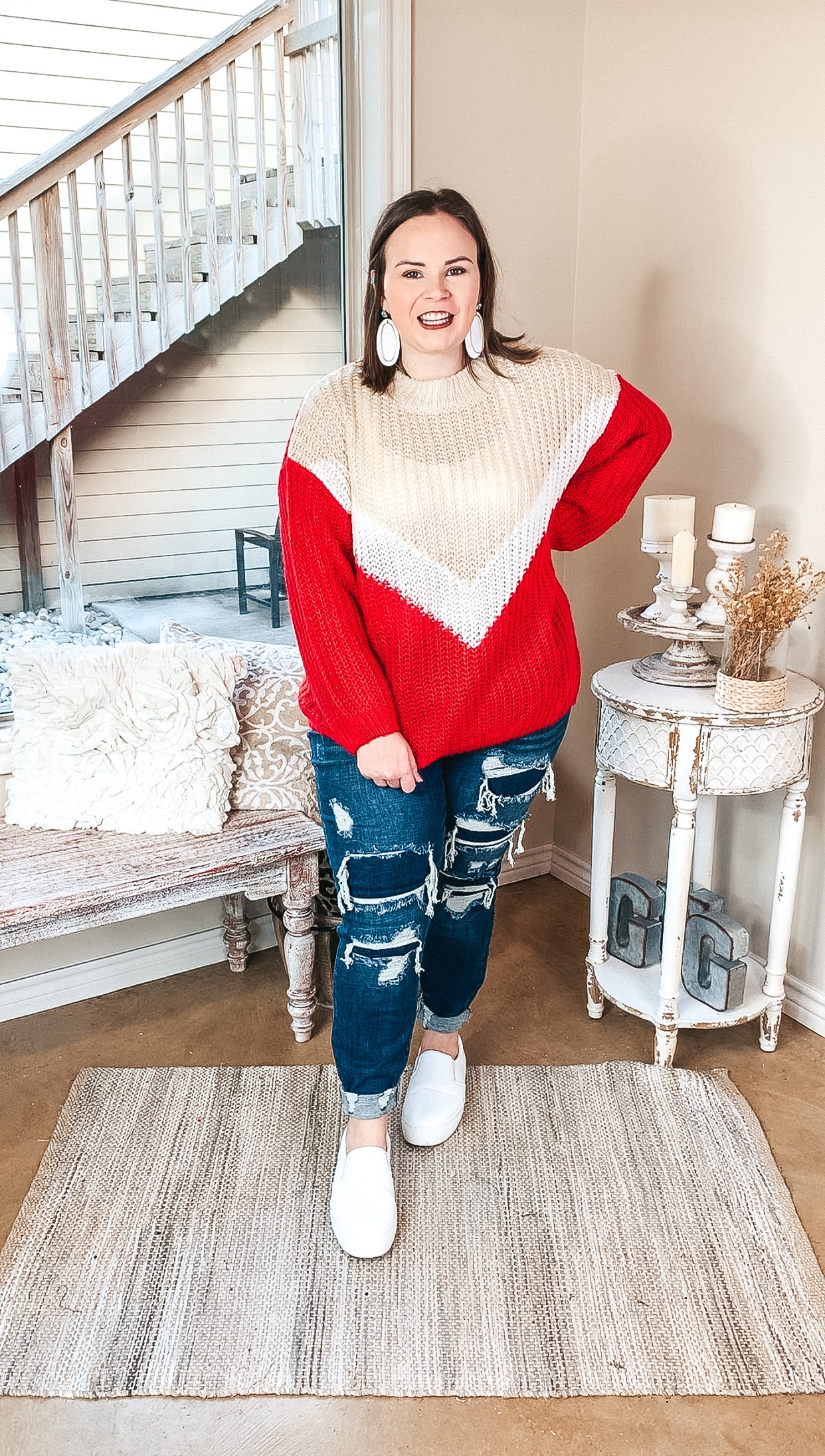 Ivy League Chunky Color Block Sweater in Ivory and Red - Giddy Up Glamour Boutique