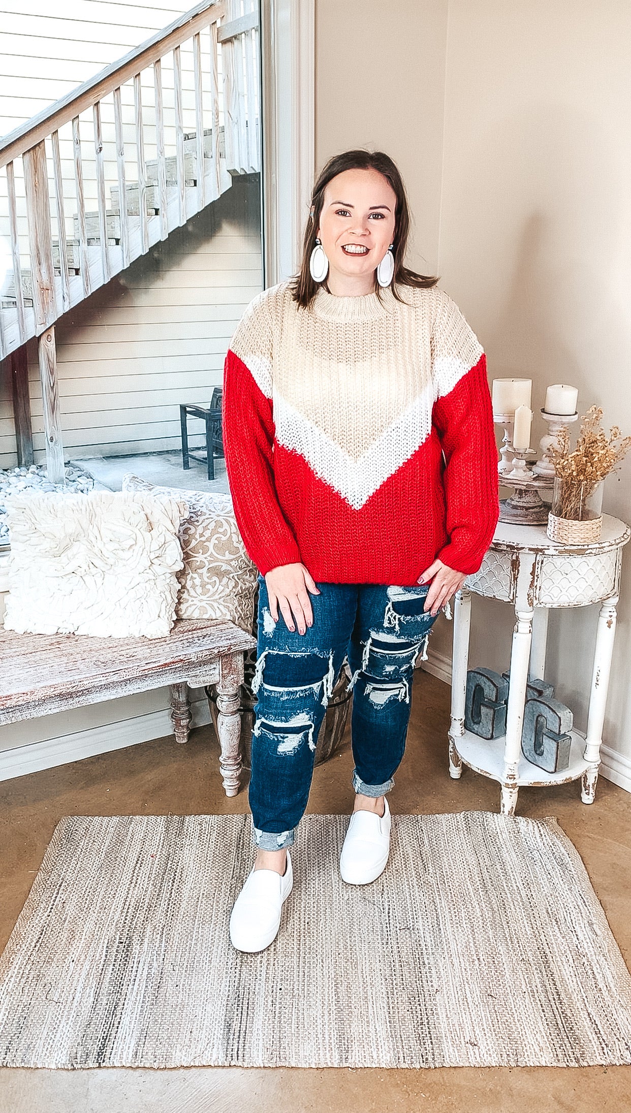 Ivy League Chunky Color Block Sweater in Ivory and Red - Giddy Up Glamour Boutique