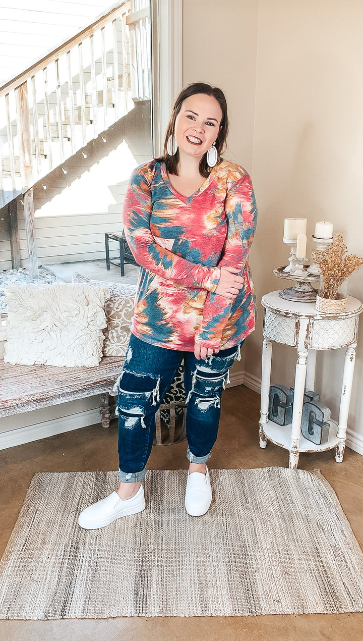 Last Chance Size Small & Med. | Keep Things Simple Long Sleeve Water Color V Neck Pullover Top in Mauve and Teal - Giddy Up Glamour Boutique