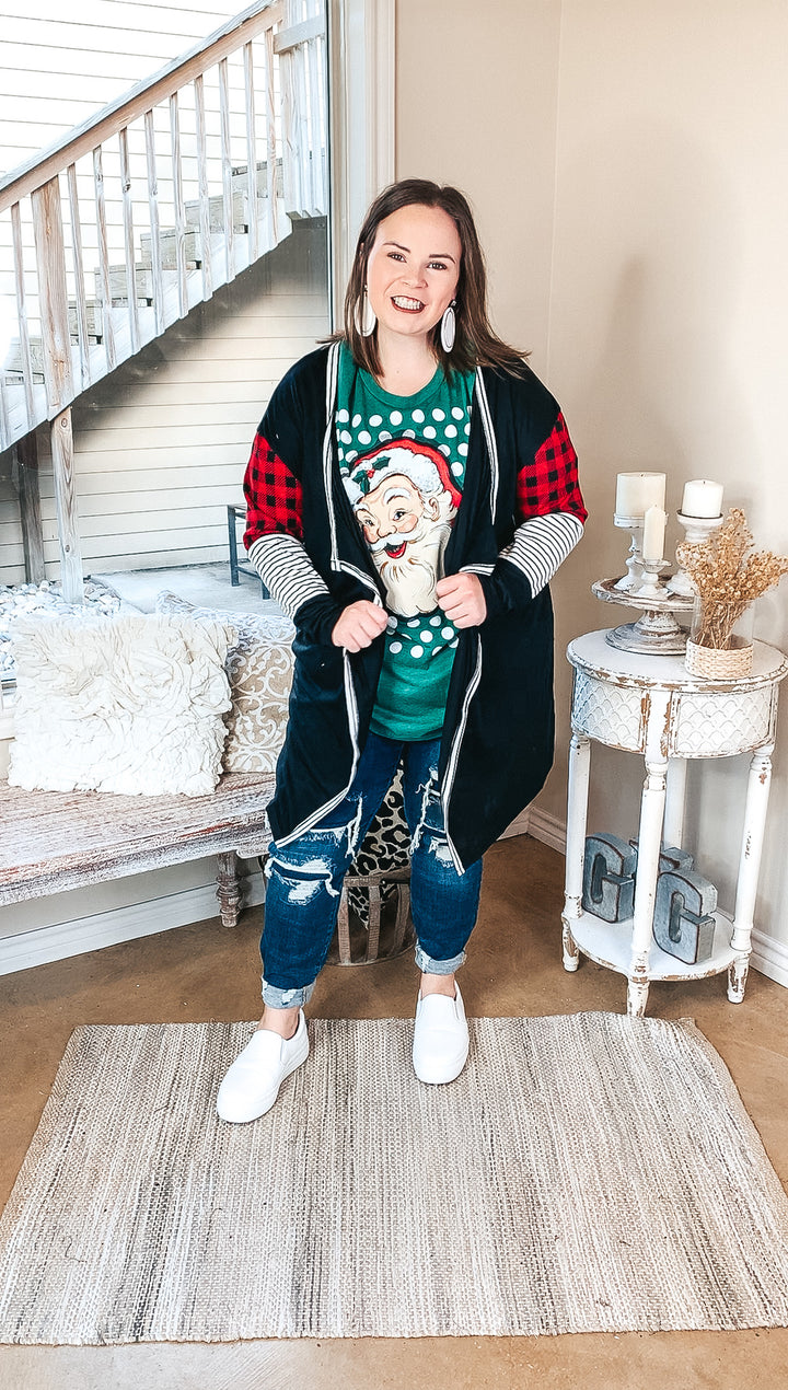 Sweet Feeling Knit Cardigan with Red Buffalo Plaid and Stripe Detail in Black - Giddy Up Glamour Boutique