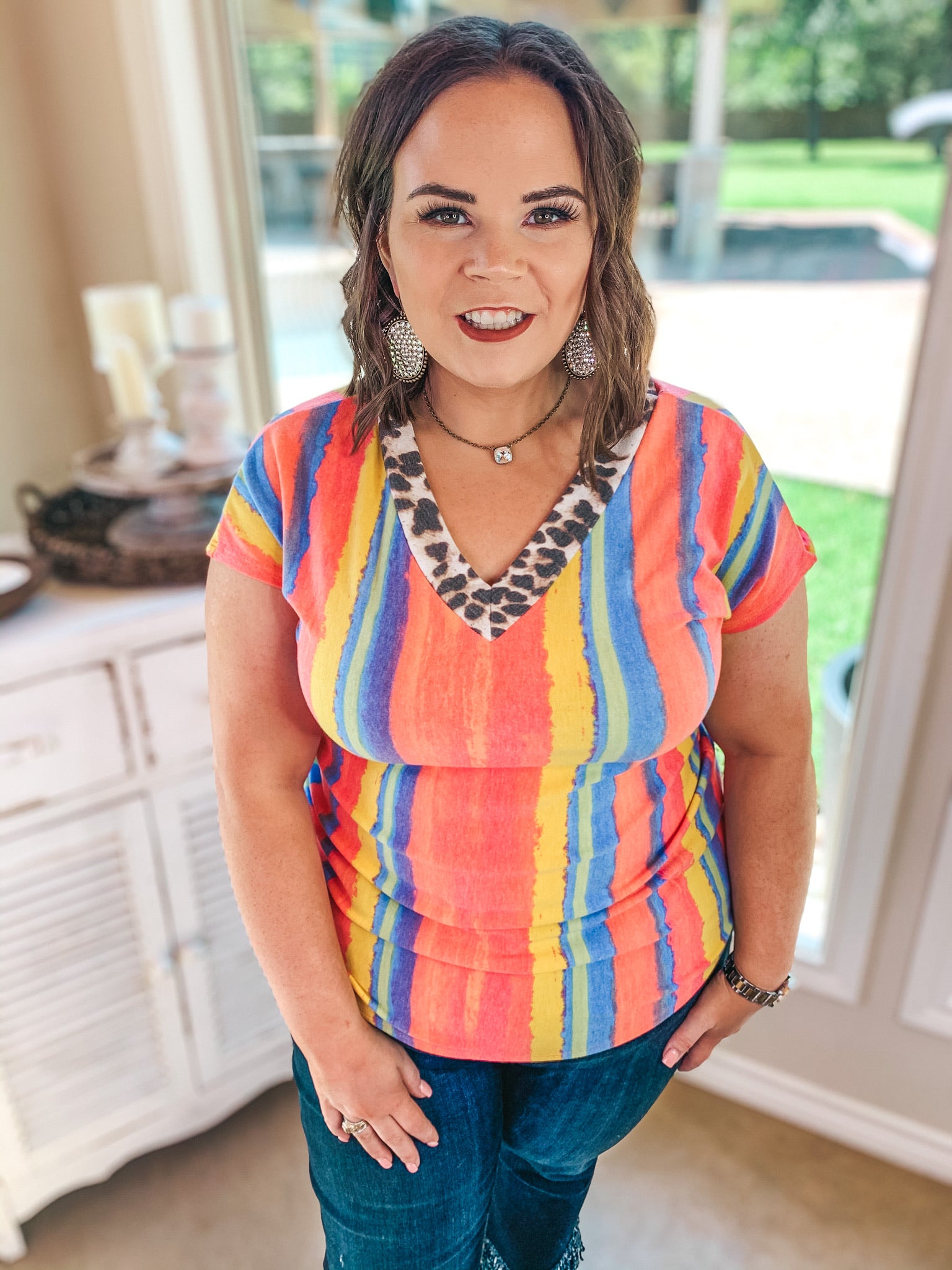 Last Chance Size Small | Levels of My Heart Leopard Trim V Neck Top in Multi Color Stripes - Giddy Up Glamour Boutique