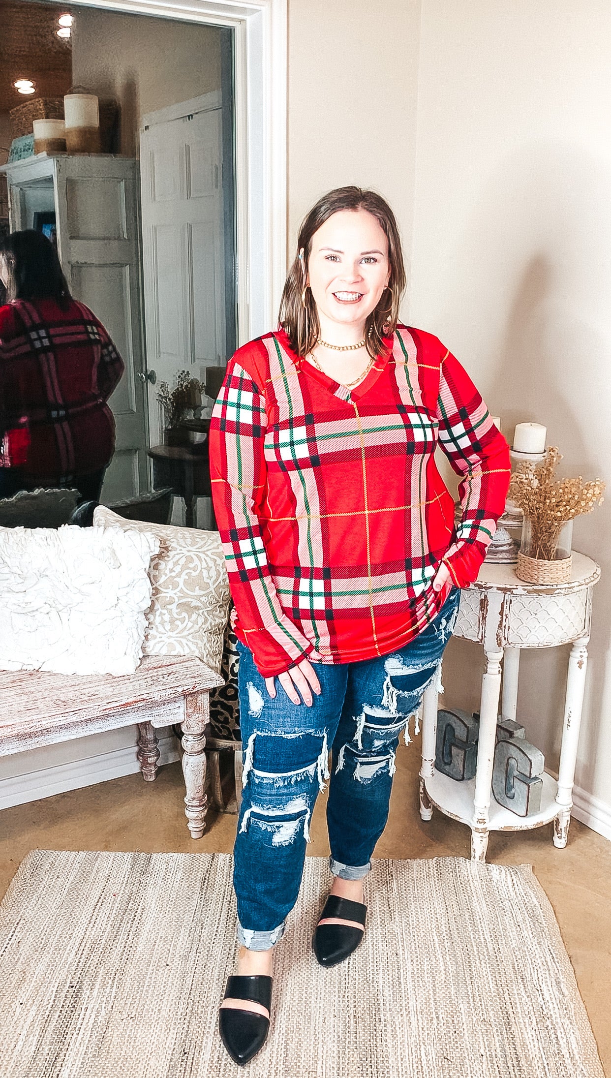 Keep Things Simple Long Sleeve Plaid V Neck Pullover Top in Red - Giddy Up Glamour Boutique