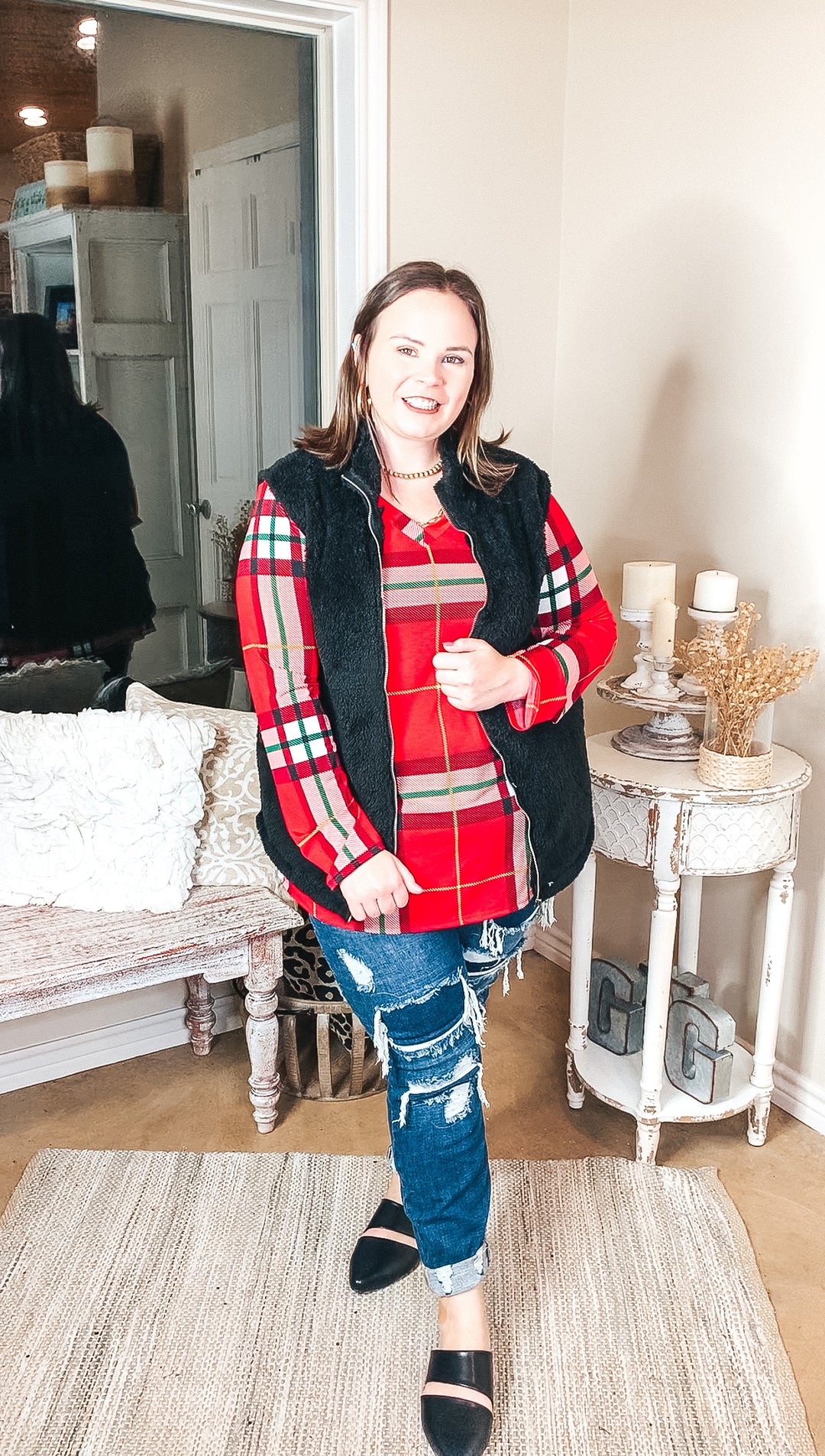 Keep Things Simple Long Sleeve Plaid V Neck Pullover Top in Red - Giddy Up Glamour Boutique