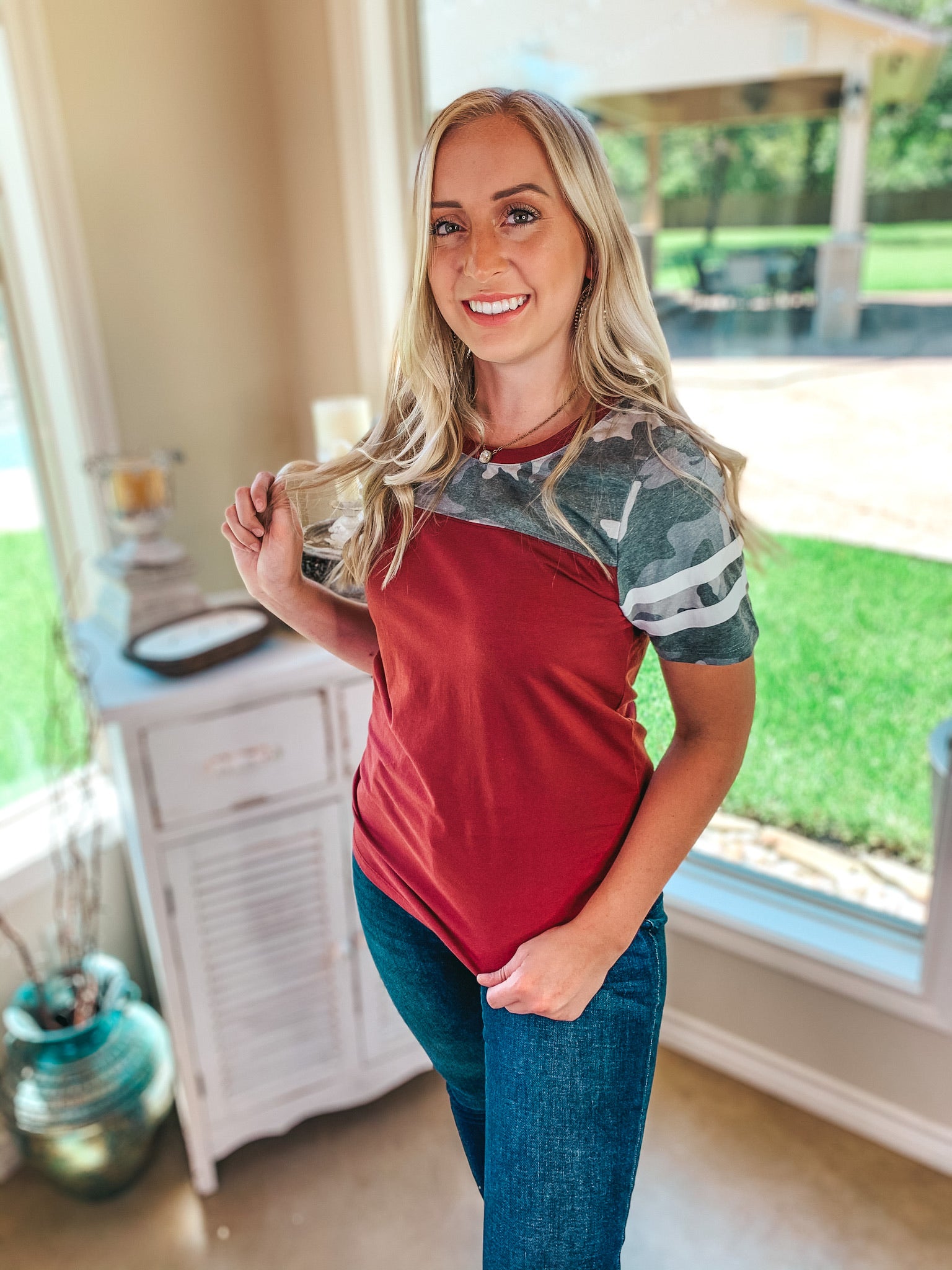 Last Chance Size 2XL & 3XL | Surprise Me Varsity Stripe Sleeve Top with Camouflage Upper in Maroon - Giddy Up Glamour Boutique