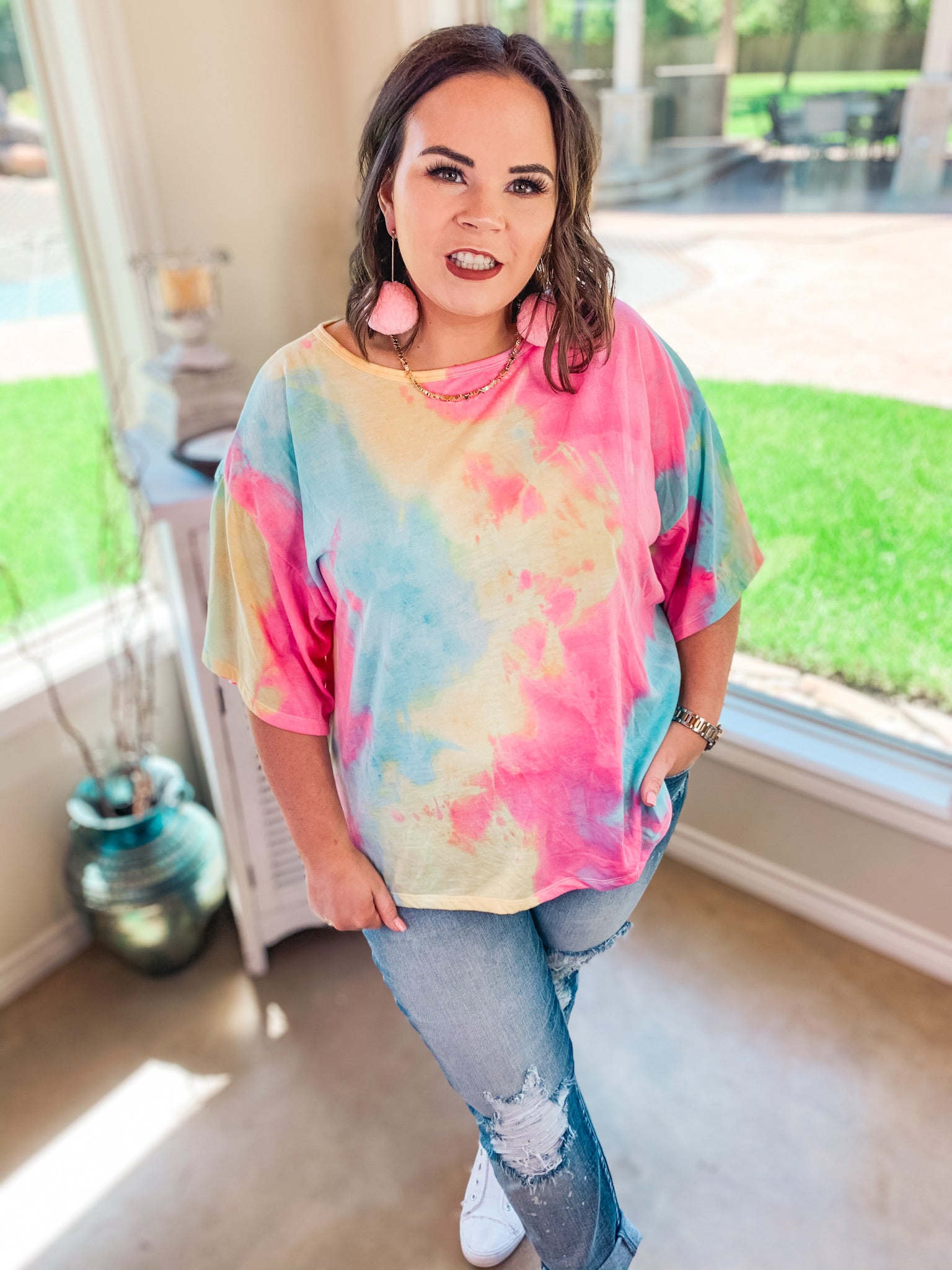 In This Moment Oversized Tie Dye Top with Side Slits in Pink, Yellow, and Blue - Giddy Up Glamour Boutique