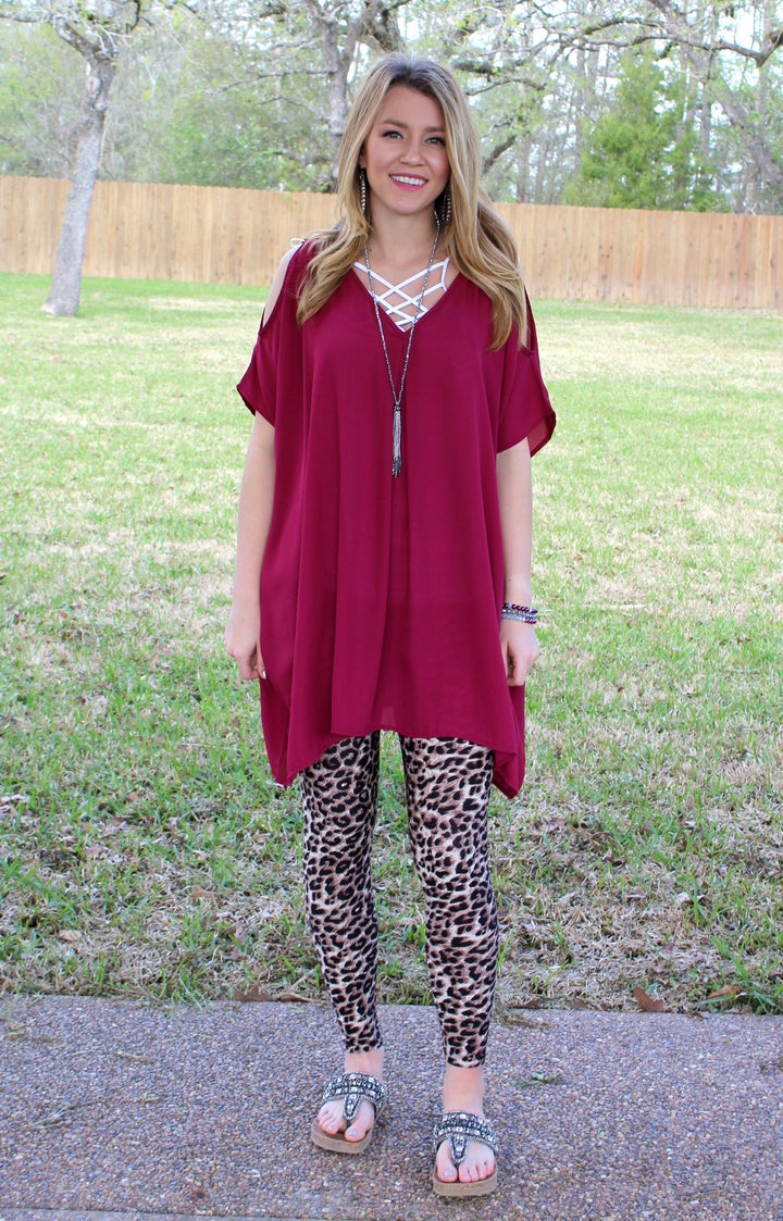 Pretty Little Thing Sheer Open Shoulder Tunic in Maroon - Giddy Up Glamour Boutique
