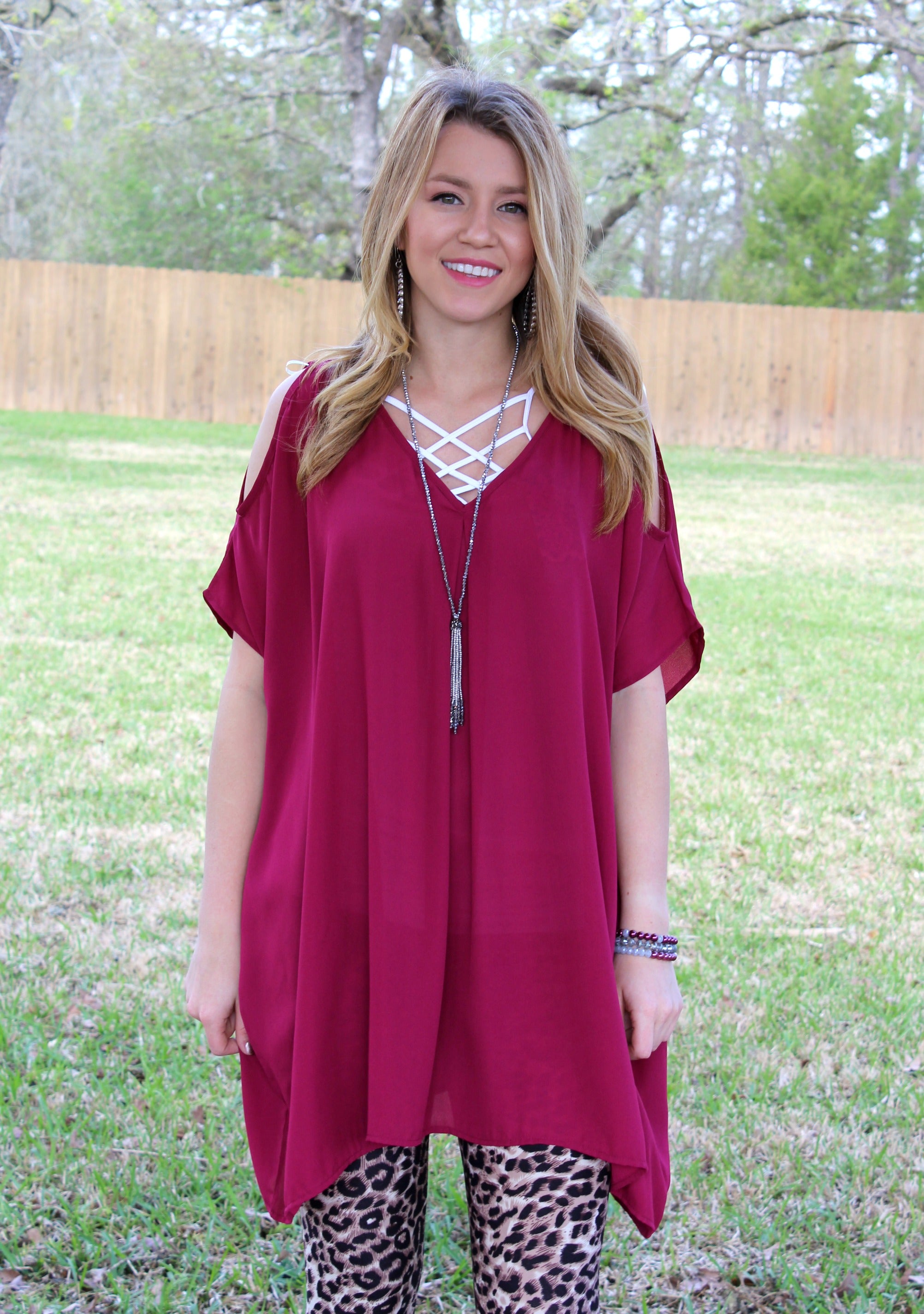 Pretty Little Thing Sheer Open Shoulder Tunic in Maroon - Giddy Up Glamour Boutique