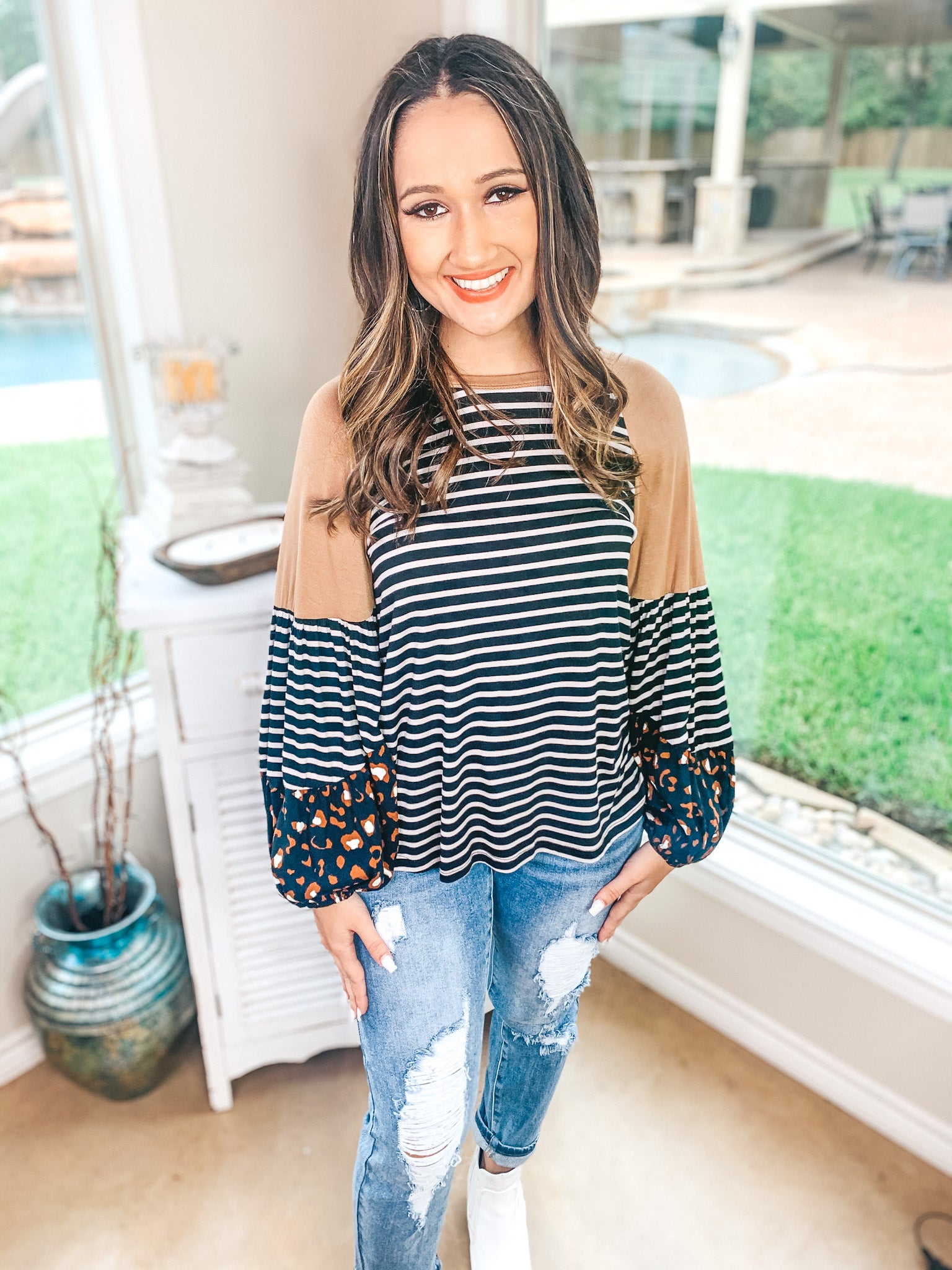 No Looking Back Striped Top with Multi Print Puff Sleeves in Black and Tan - Giddy Up Glamour Boutique