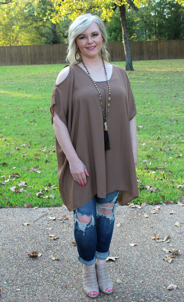 Last Chance Size Small | Pretty Little Thing Sheer Open Shoulder Tunic in Mocha - Giddy Up Glamour Boutique