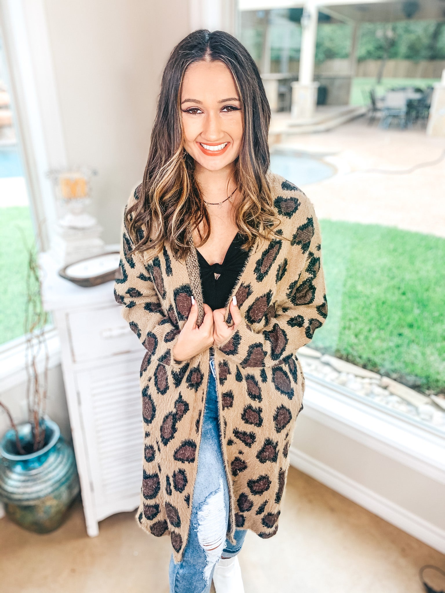 Cozy Chic Leopard Eyelash Cardigan in Camel - Giddy Up Glamour Boutique