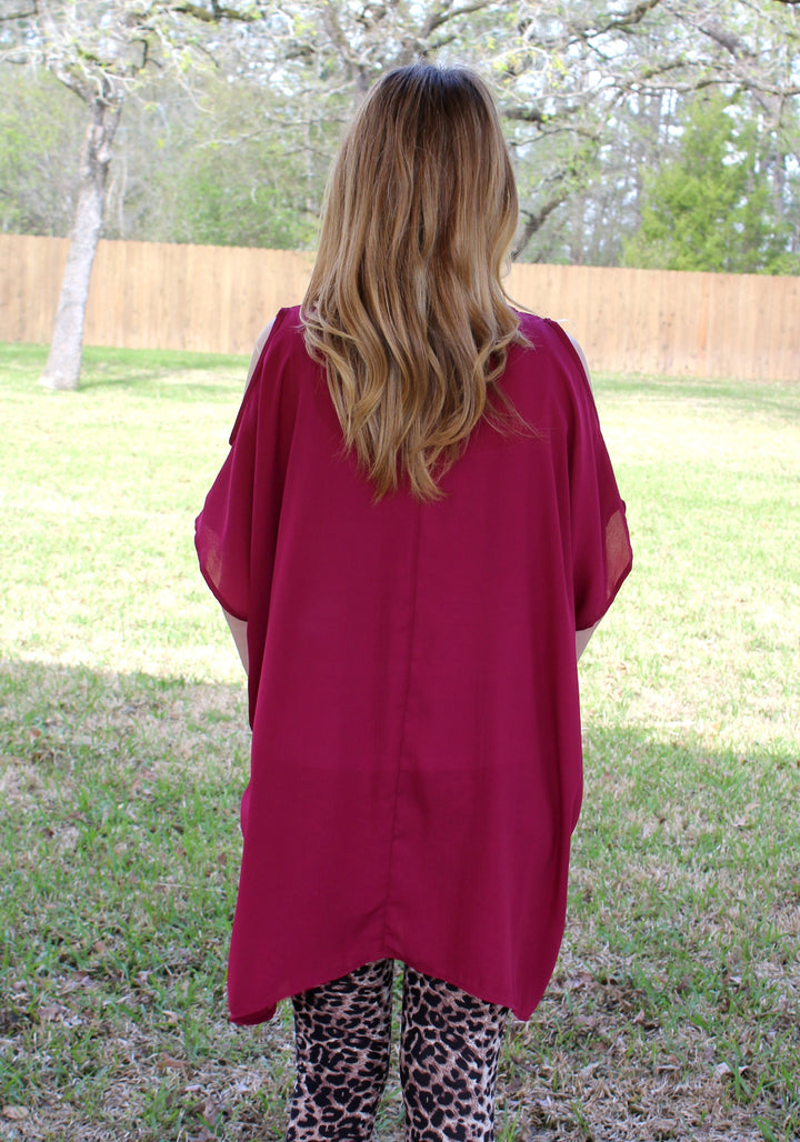 Pretty Little Thing Sheer Open Shoulder Tunic in Maroon - Giddy Up Glamour Boutique