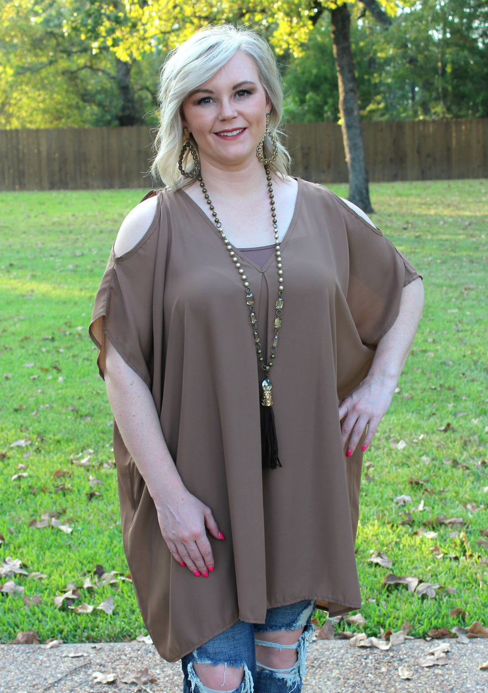 Last Chance Size Small | Pretty Little Thing Sheer Open Shoulder Tunic in Mocha - Giddy Up Glamour Boutique