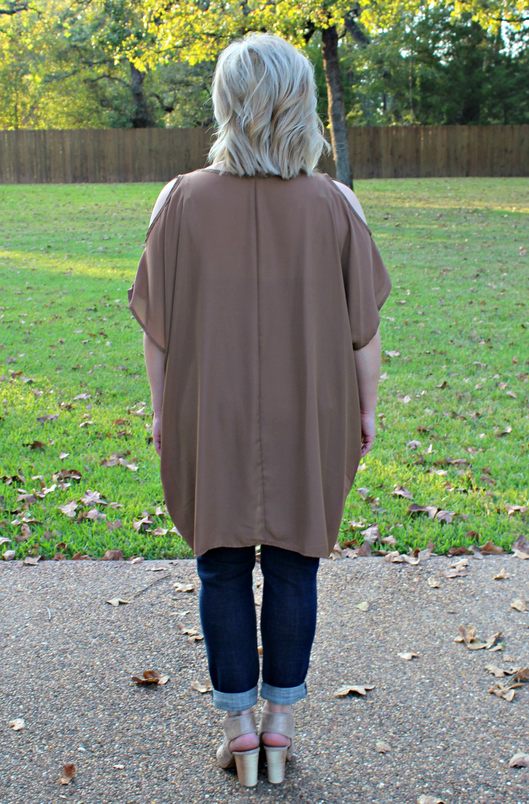 Last Chance Size Small | Pretty Little Thing Sheer Open Shoulder Tunic in Mocha - Giddy Up Glamour Boutique