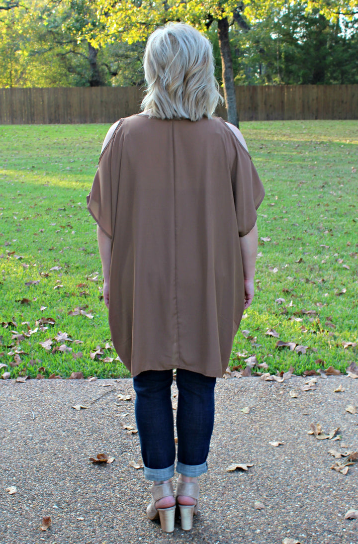 Last Chance Size Small | Pretty Little Thing Sheer Open Shoulder Tunic in Mocha - Giddy Up Glamour Boutique