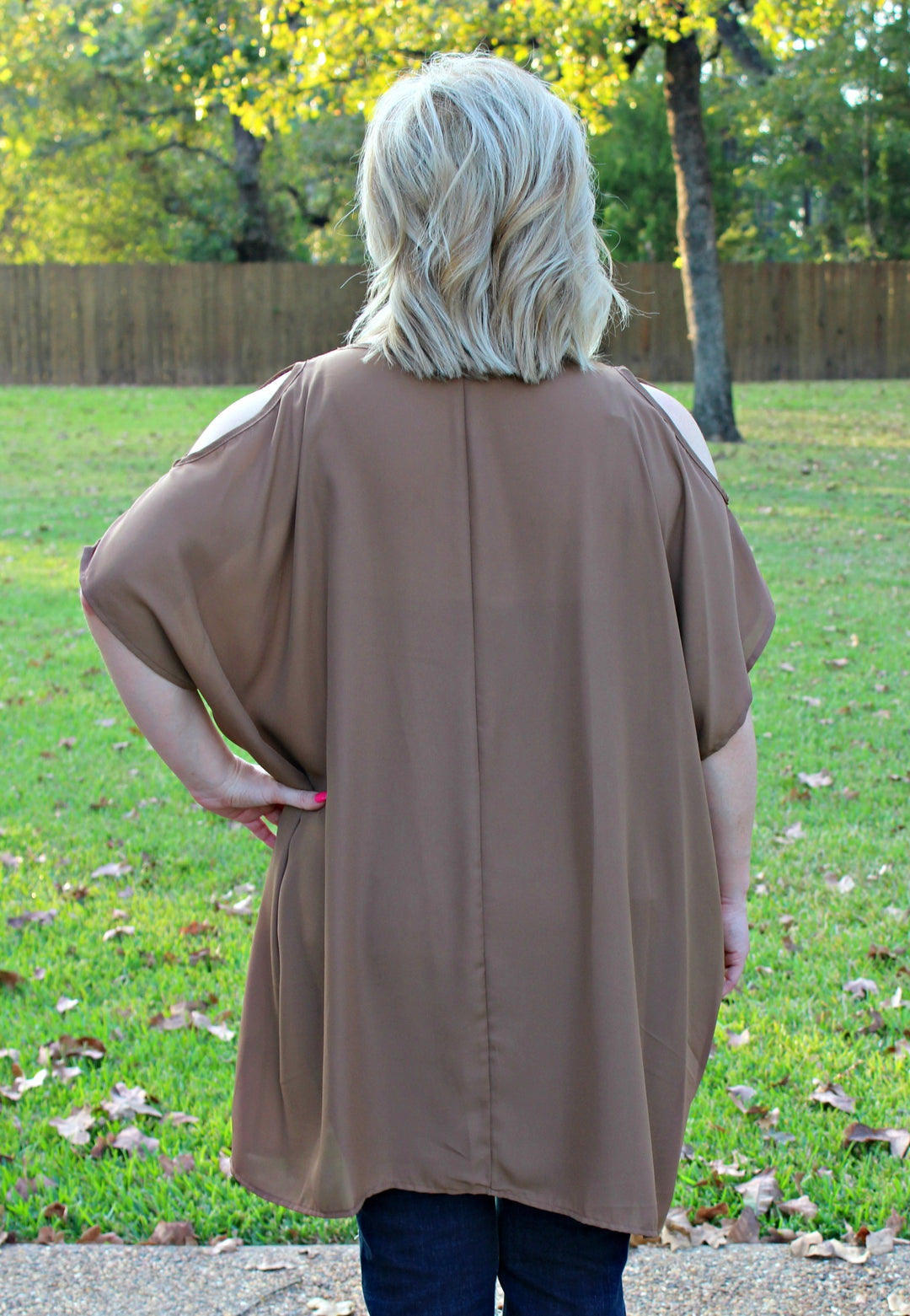 Last Chance Size Small | Pretty Little Thing Sheer Open Shoulder Tunic in Mocha - Giddy Up Glamour Boutique