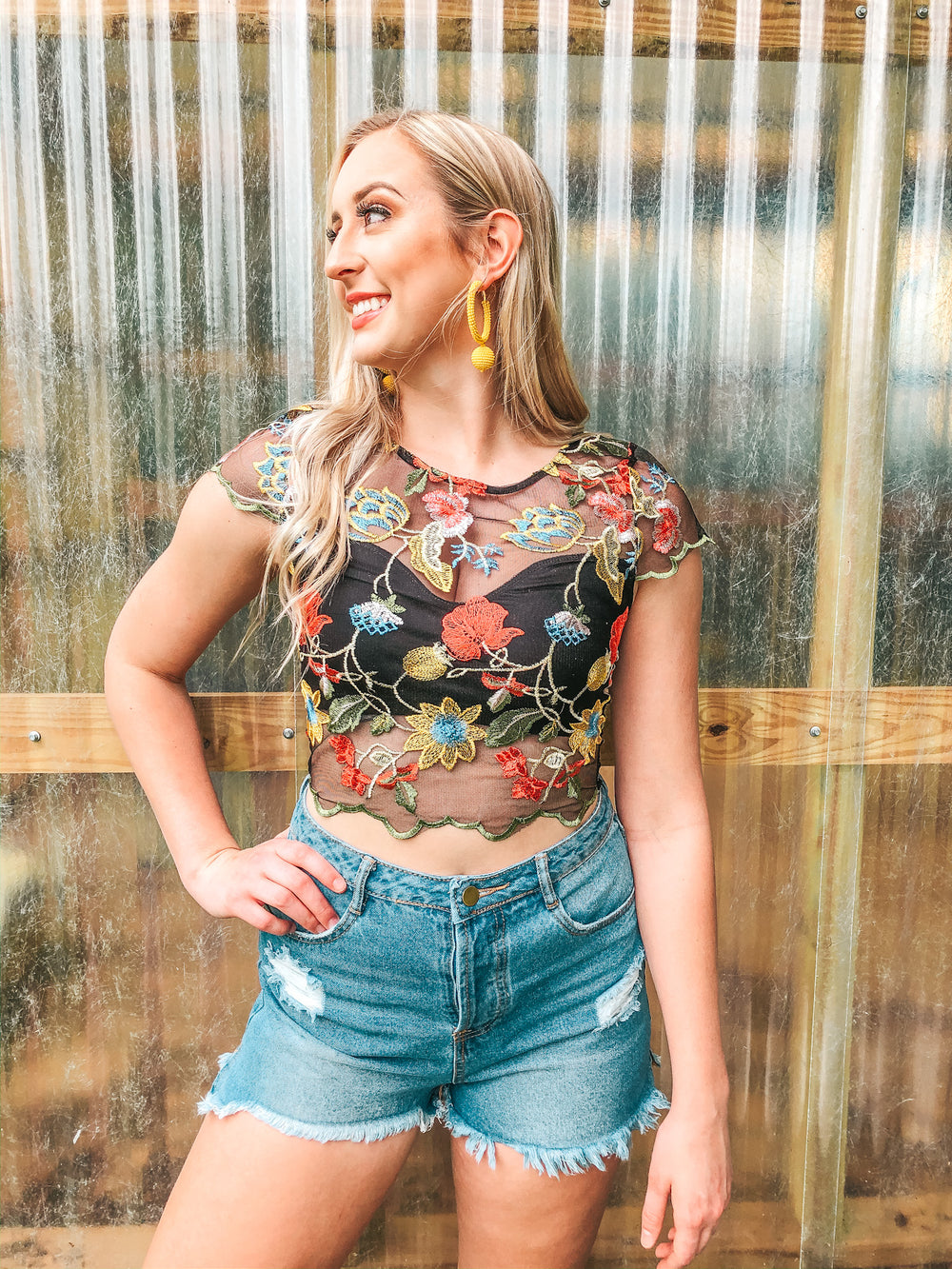 Last Chance Size Small | Catching Hope Floral Embroidered Lace Crop Top in Black - Giddy Up Glamour Boutique