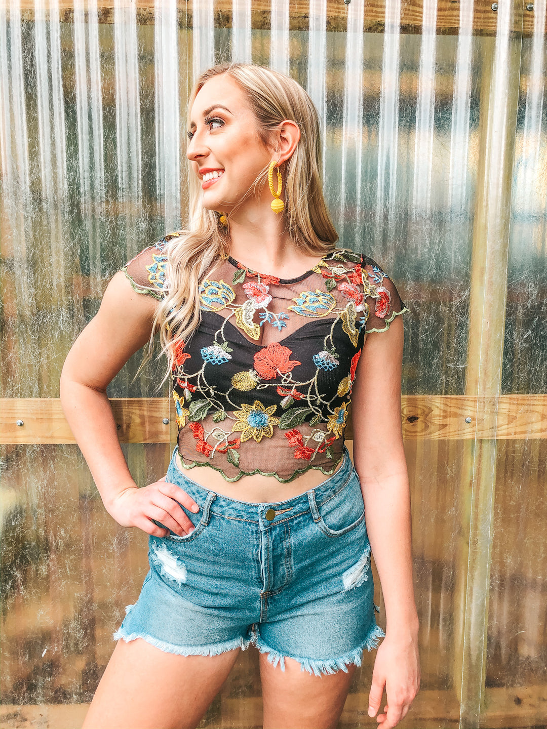 Last Chance Size Small | Catching Hope Floral Embroidered Lace Crop Top in Black - Giddy Up Glamour Boutique