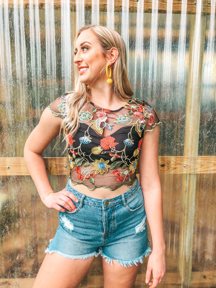 Last Chance Size Small | Catching Hope Floral Embroidered Lace Crop Top in Black - Giddy Up Glamour Boutique
