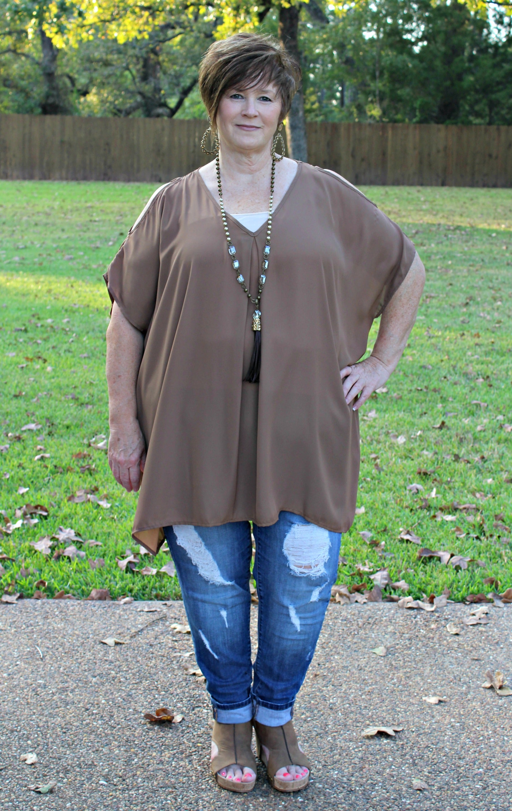 Last Chance Size Small | Pretty Little Thing Sheer Open Shoulder Tunic in Mocha - Giddy Up Glamour Boutique