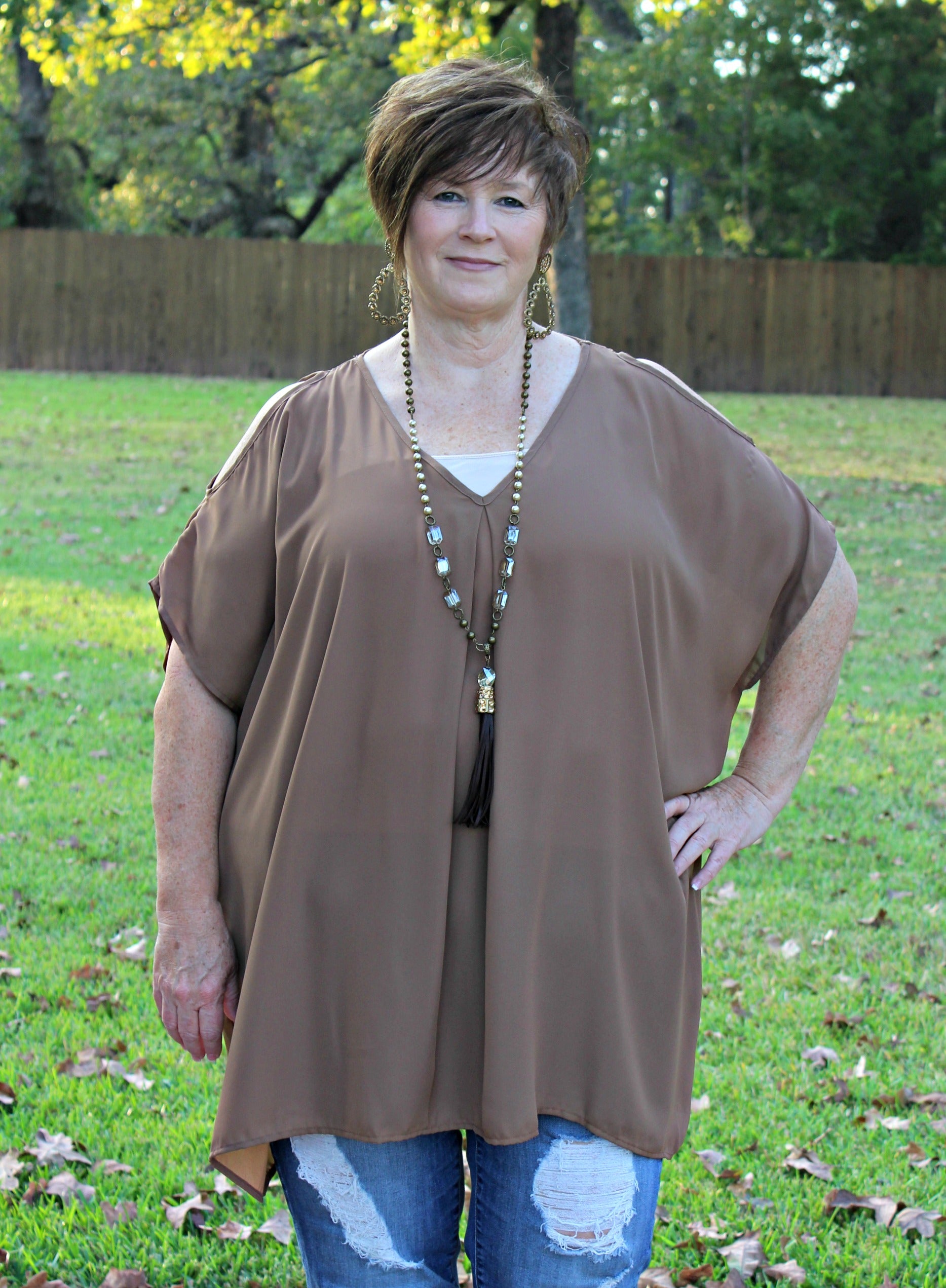 Last Chance Size Small | Pretty Little Thing Sheer Open Shoulder Tunic in Mocha - Giddy Up Glamour Boutique