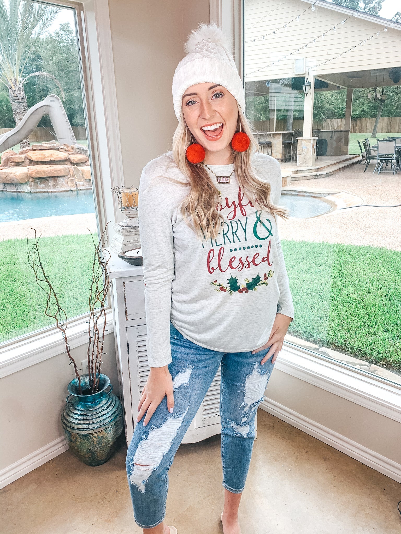 Joyful, Merry, & Blessed Grey Long Sleeve Tee with Candy Cane Elbow Patches - Giddy Up Glamour Boutique