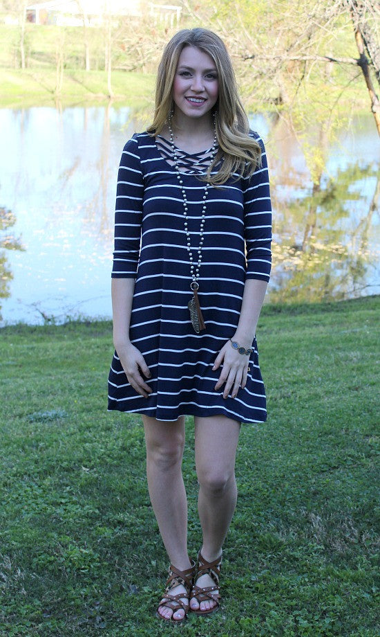 Last Chance Size Small | Balancing Act Stripe Dress in Navy - Giddy Up Glamour Boutique