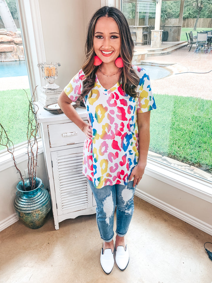 Last Chance Size Small & Med. | Keep Things Simple Large Leopard Print V Neck Tee in Multi - Giddy Up Glamour Boutique
