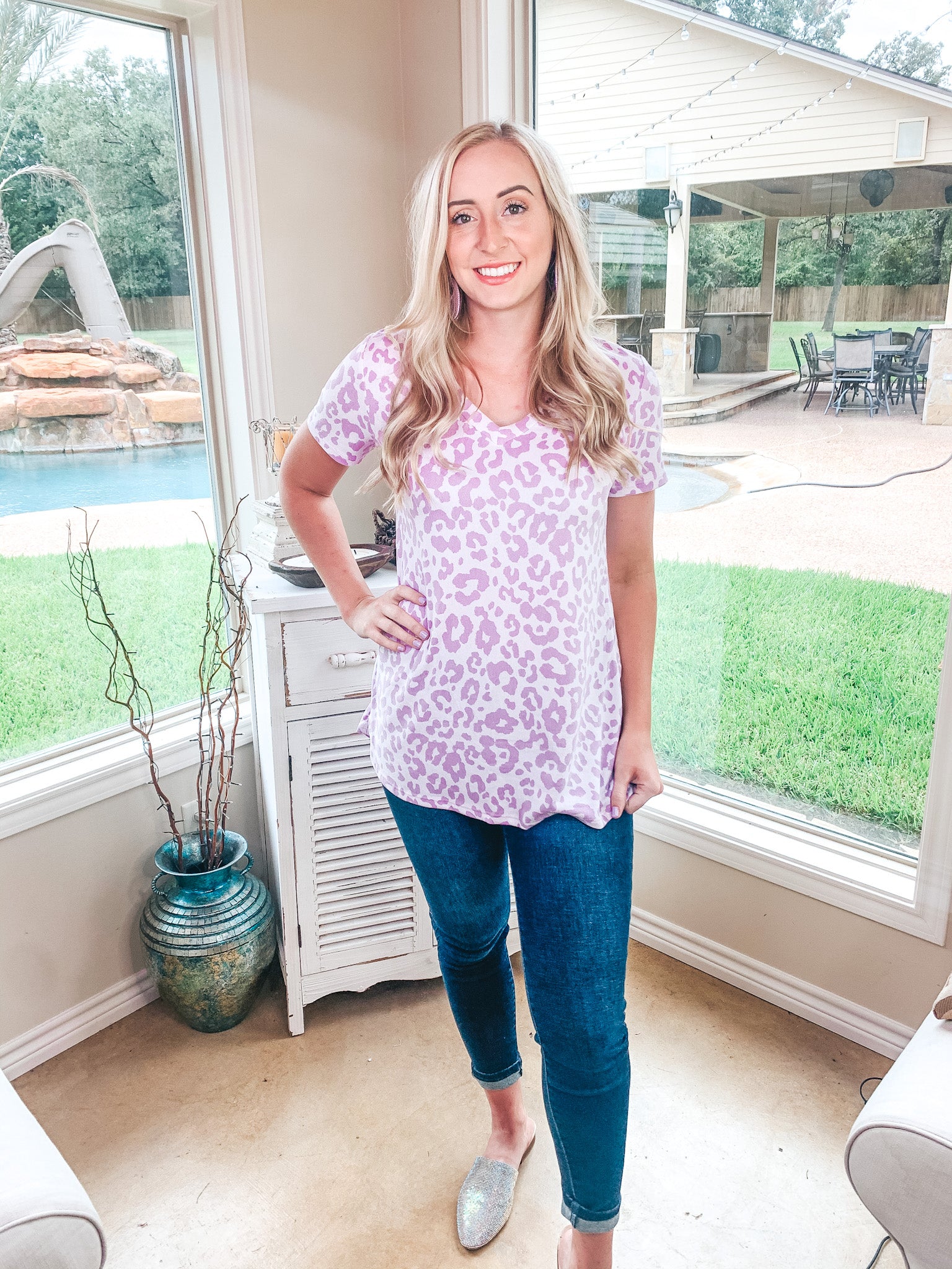 Keep Things Simple Leopard Print V Neck Tee in Lilac Purple - Giddy Up Glamour Boutique