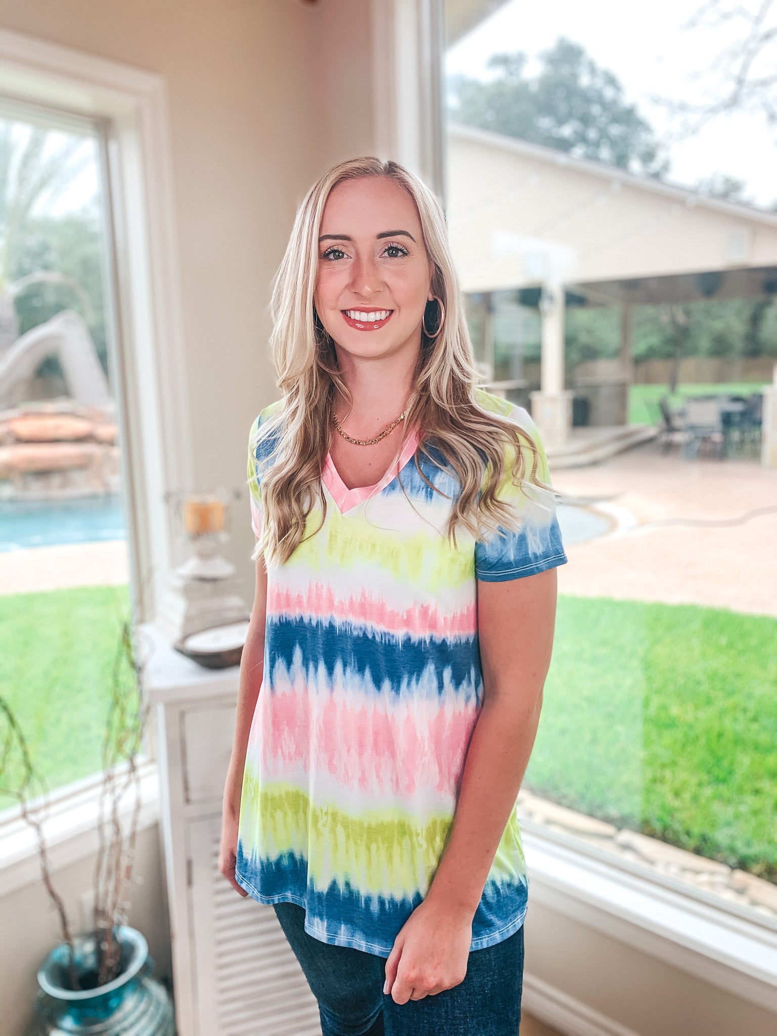 Last Chance Size Small & Med. | Keep Things Simple Tie Dye Stripe V Neck Tee in Yellow, Pink, and Navy - Giddy Up Glamour Boutique