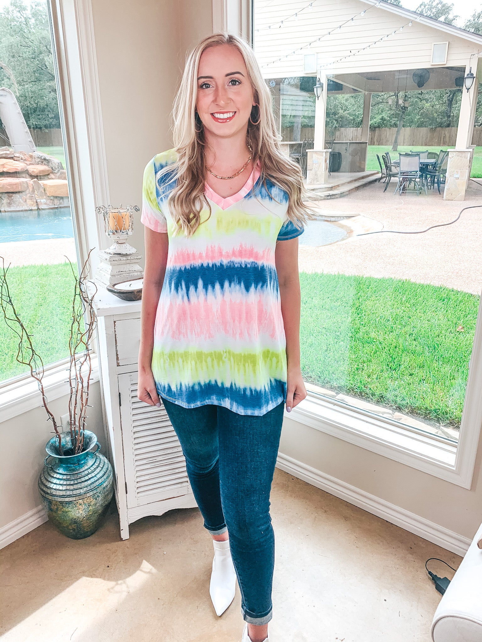 Last Chance Size Small & Med. | Keep Things Simple Tie Dye Stripe V Neck Tee in Yellow, Pink, and Navy - Giddy Up Glamour Boutique