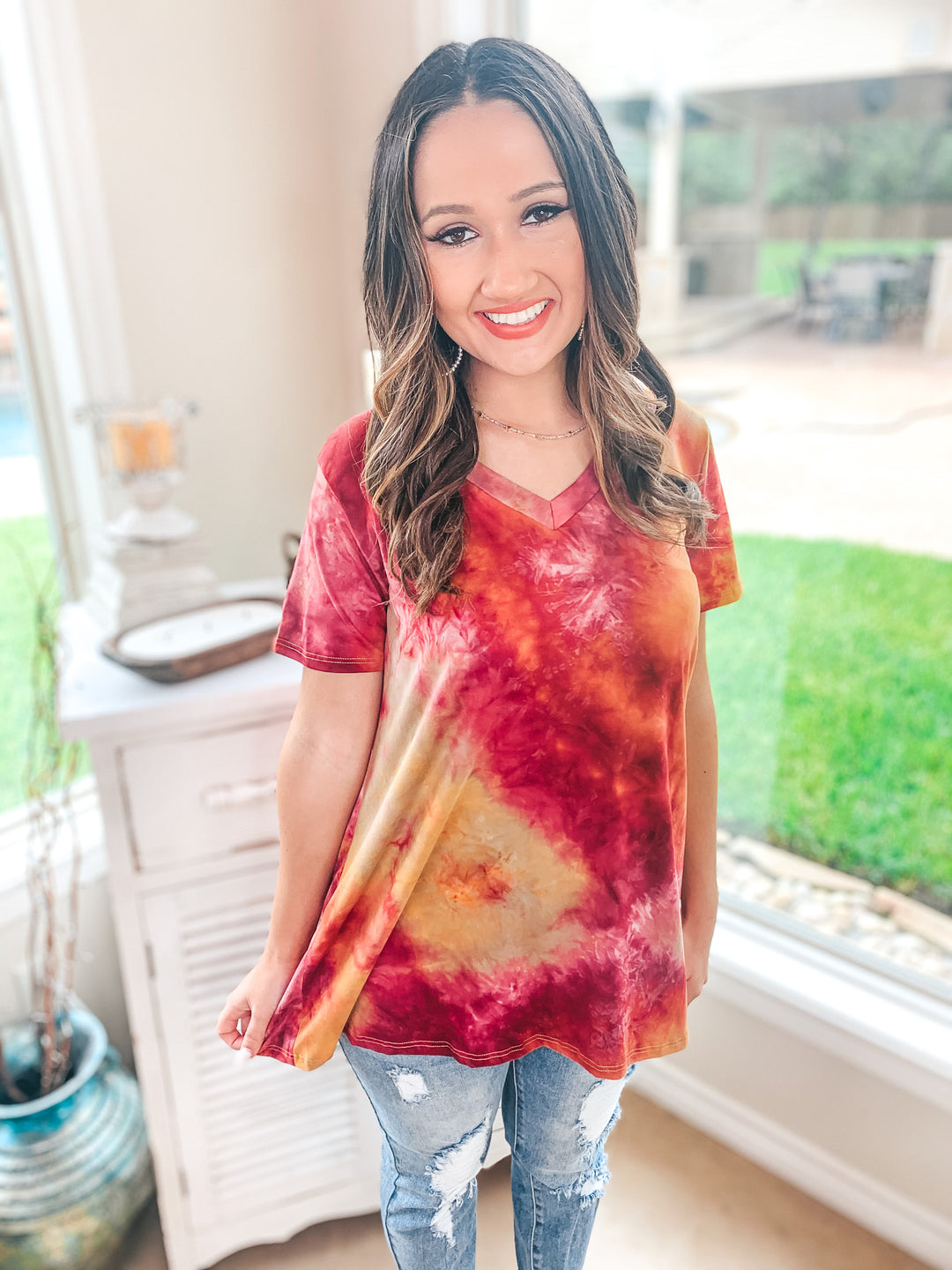 Last Chance Size Small & Med. | Keep Things Simple Tie Dye V Neck Tee in Maroon and Mustard - Giddy Up Glamour Boutique
