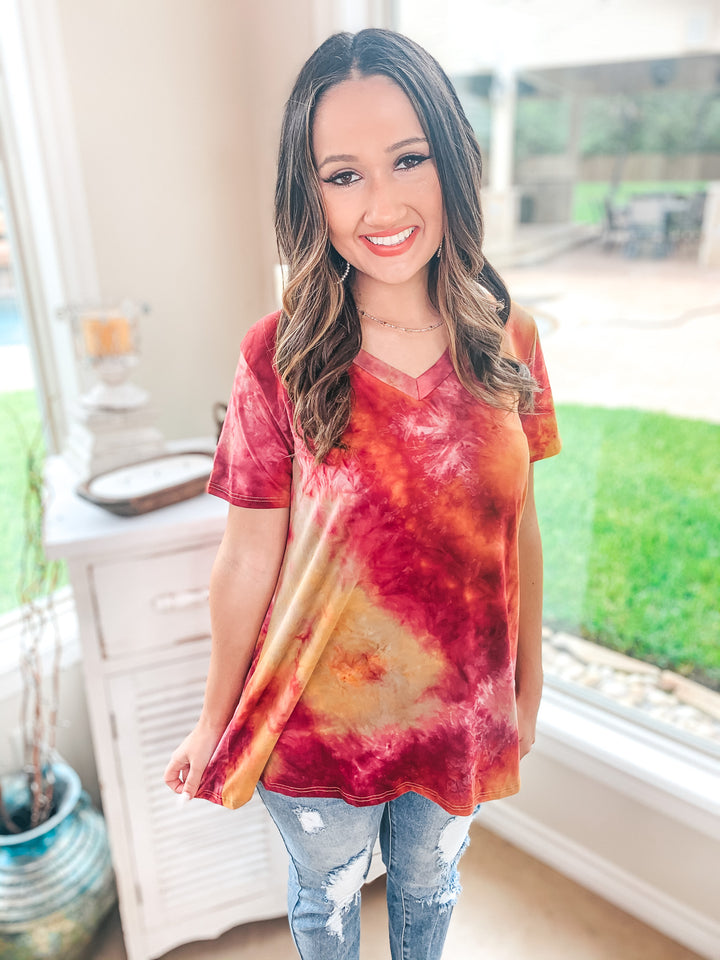 Last Chance Size Small & Med. | Keep Things Simple Tie Dye V Neck Tee in Maroon and Mustard - Giddy Up Glamour Boutique