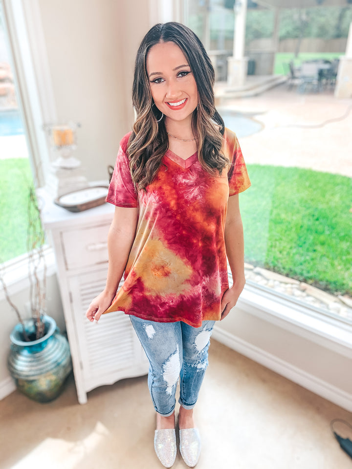 Last Chance Size Small & Med. | Keep Things Simple Tie Dye V Neck Tee in Maroon and Mustard - Giddy Up Glamour Boutique
