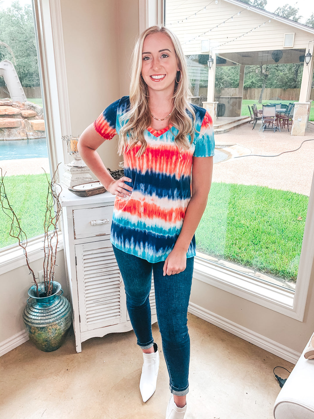 Last Chance Size S, M, & 3XL | Keep Things Simple Tie Dye Stripe V Neck Tee in Coral and Navy - Giddy Up Glamour Boutique